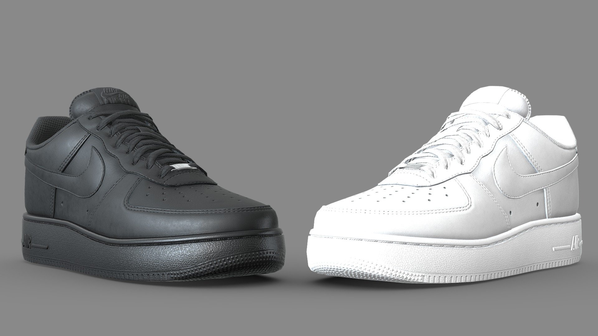 Nike Air Force 1 in both Triple White and Black. The most popular sneaker on the planet, and a staple in many wardrobes. Made with performance in mind, these shoes look best from a far and each pair uses just one texture set.

The shoe has 15,605 polys (31,210 for the pair) and one texture set, comprised of Base Color, Metallic, Roughness, and a Normal map. 

The full detail version of the shoes can be found here:https://skfb.ly/oE7vO  (this optimised version is included with those full detail versions)