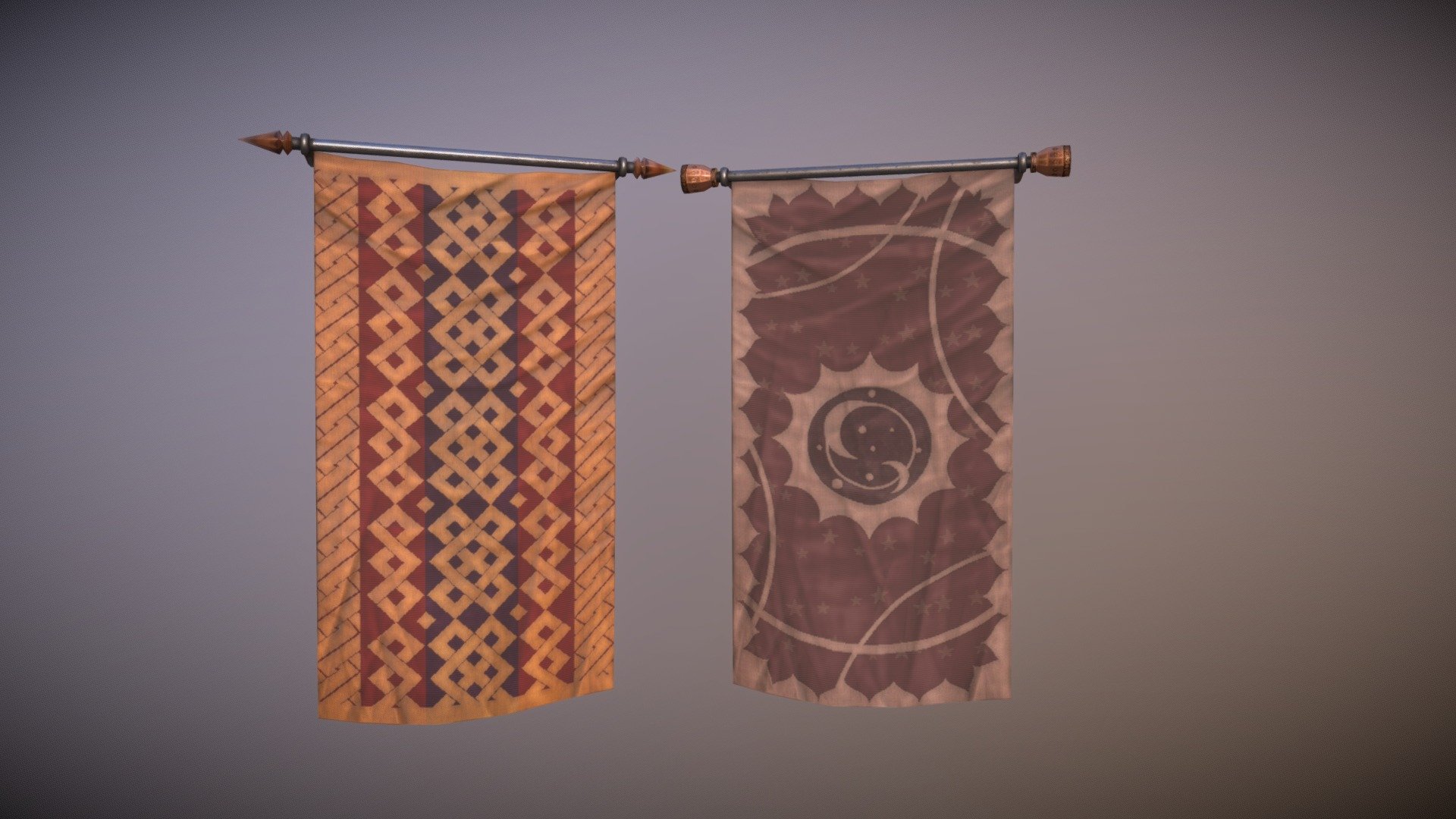 Tapestries for Skyblivion, here is the two meshes containing same cloth, but different rods. In total there are over 50 different patterns in the game. The patterns where created in Affinity Designer, and using tililng patterns and the Tile Sampler node I managed to create the effect of it being a cloth material.