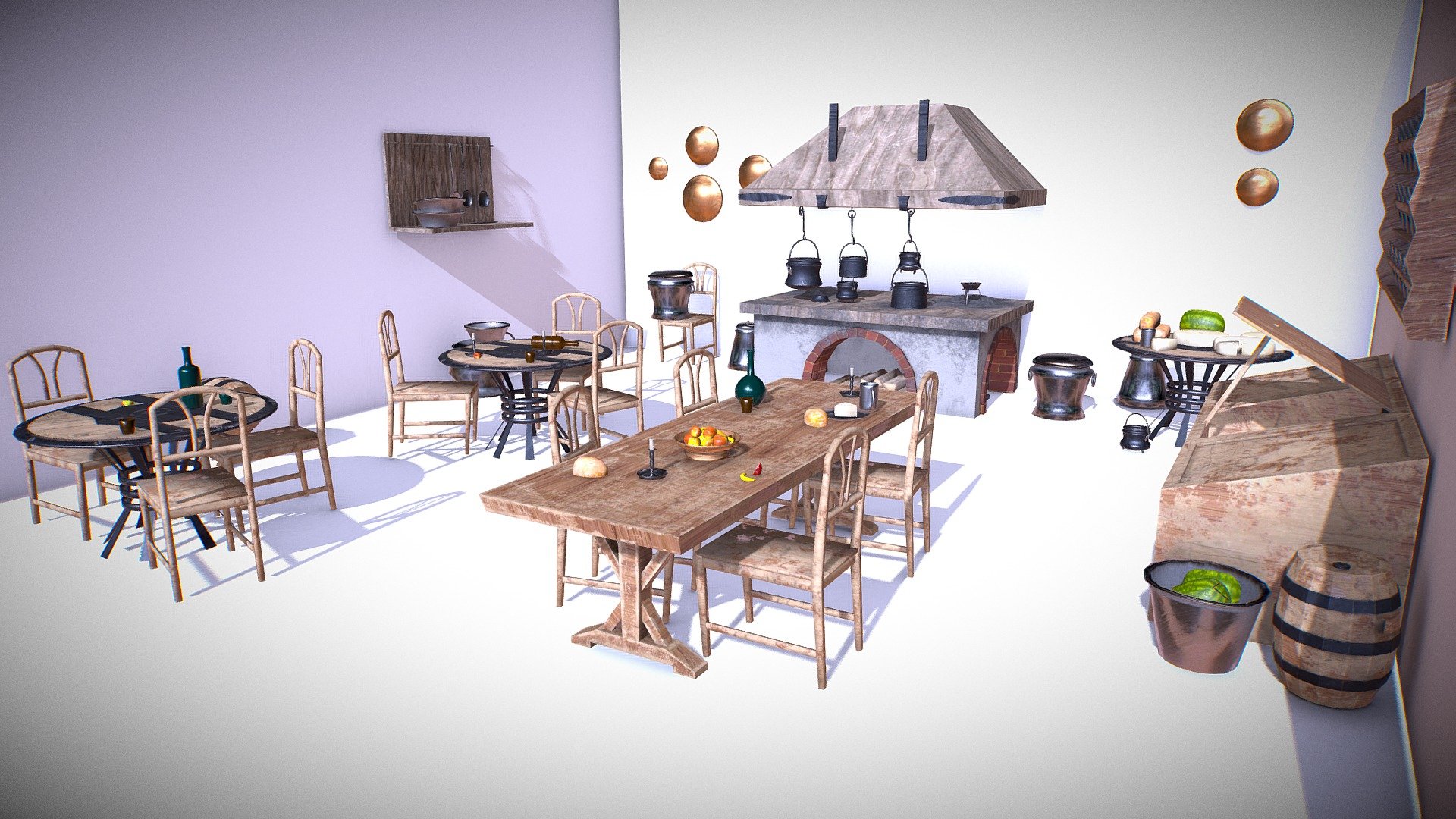 Download this perfect kitchen setting for medieval environments that was handcrafted with love by Insya. 
This is a highly detailed medieval kitchen and props asset pack that contains tens of assets. 
Contains tables ( rectangular and circular), wood fired stove with ventilation hood, wooden rack for stemware, steel pots and pans, barrels, brassware adorned on the wall. 
Also has smaller props like: candles, fruits, eaten fruit, watermelon, cheese, bottles, water cups, and many more.
 This download is bundled with textures suitable for:
Blender. Can also be imported to: 
Unreal Engine, Unity 5, Amazon Lumberyard, Arnold5, Corona, Cry Engine, Red Shift, VRay, Keyshot







