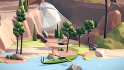 Low Poly Kayak Nature Scene tree, landscape, river, lake, mountain, water, nature, isometric, kayak, low-poly, ship, rock, boat