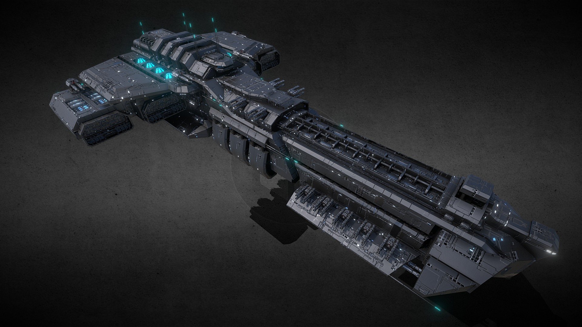 Hello people, I have built a battleship/carrier here that comes from my own imagination but also borrows ideas from ships from the Stargate universe. It is completely rigged.\n\nIt has 8 heavy cannons and 14 medium cannons (all medium cannons have a tracker for easier use of the rig, as well as a collection tracker for 5 cannons on each site so that they can be used synchronously to track a target), plus a heavy rocket launcher.\n\nIt has 4 main engines for sub-light speeds. in the lower middle an auxiliary engine. The bridge is in the upper rear part. Shortly behind it is the reactor and next to it the 8 shield generators. The hyperdrive is connected directly to the reactor. On the bottom it has 4 gravitational jets for hovering.\n\nThe ship also has 4 hangar bays (which can each be opened and closed individually).\n\nI also included a function test animation to demonstrate the rig.\n\nI hope you like the design and have fun with it :)