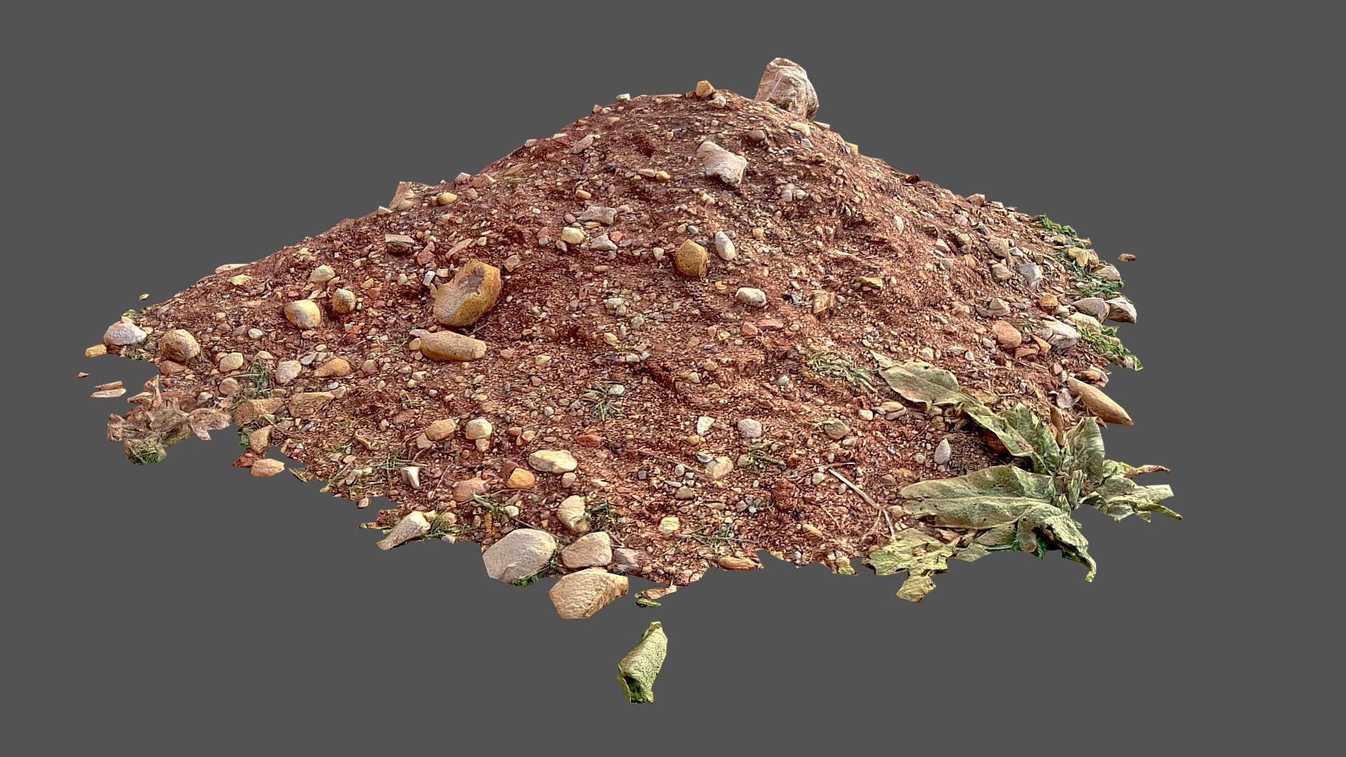 Low-poly photogrammetry scan of a small pile of soil earth rubble with vegetation details for use as background asset.

Correct white balance on the source photos.

Created using RealityCapture + Blender.

Triangles: 11660

Texture resolution (Diffuse &amp; Normal): 4096x4096