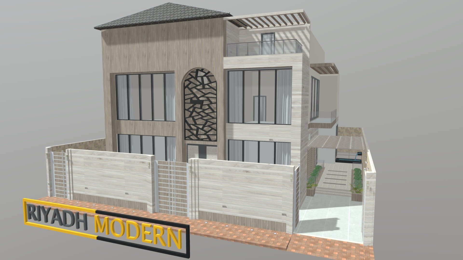 A house with a mixture of ideas
With a modern facade, and doors designed to match the design, with its balcony, there is a basement, a swimming pool and its accessories. It also contains bedrooms and an elevator that serves the floors.
The design is adjustable in materials, and has a large window inside the house from the back, allowing for natural lighting.
Like if you like it. :)