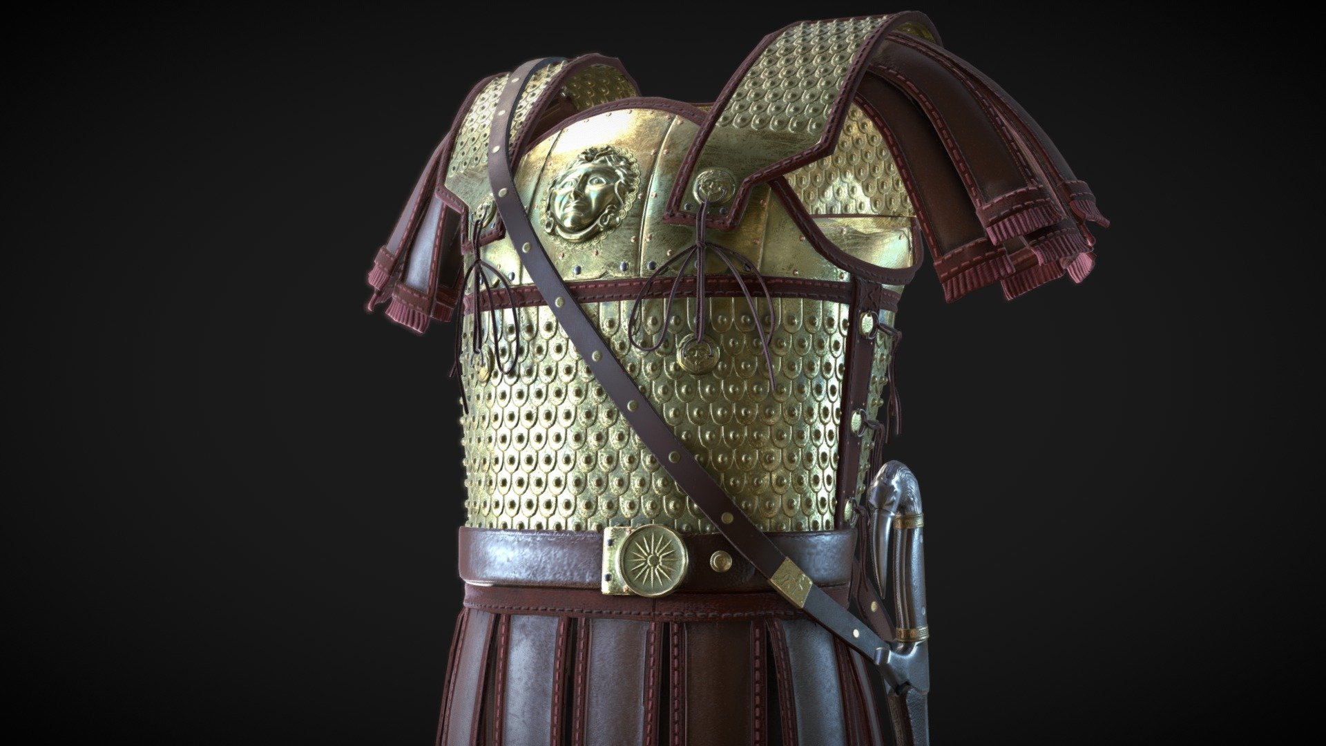 This is a heavy metal-plated version of the Linothorax, the typical armor of Greek antiquity. Inspired by the work of Dimitrios Katsikis, an amazing real life armorer who studies and recreates histrorical items, this high fidelity 3D model is a version of his Alexander the Great's armor study. 
 http://www.hellenicarmors.gr/en/

-updated-
Added a few more details, together with the Kopis sword and seath.