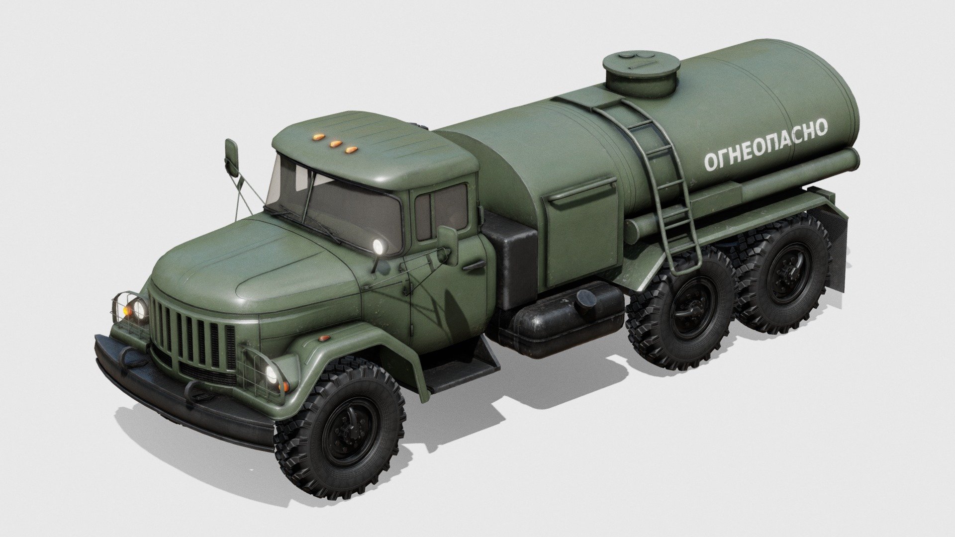 General purpose 3.5 tonne 6x6 army truck designed in the Soviet Union. Here, in Fuel Tanker Truck version.

Separate materials for: cabin, interior, glass, frame, wheel and tank.

Wheels are separate objects.

4k PBR textures for cabin, interior and tank. 2k for frame and wheel. 1k for the glass.

Textures for glass and command module with alpha transparency.