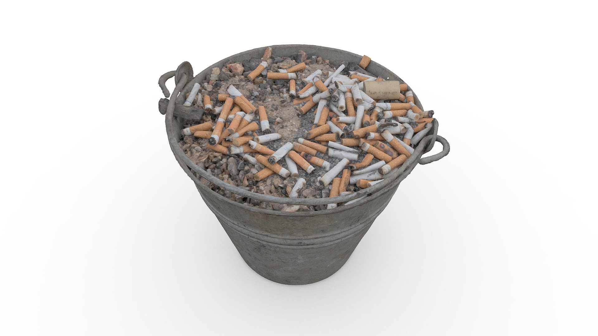 Metal bucket full of Ash fireplace debris clean up, cigarette buds butts fag spliff smoke, Rubble bucket container, old vintage rusty grungy style

Photogrammetry scan 120x24MP, 2x8K texture