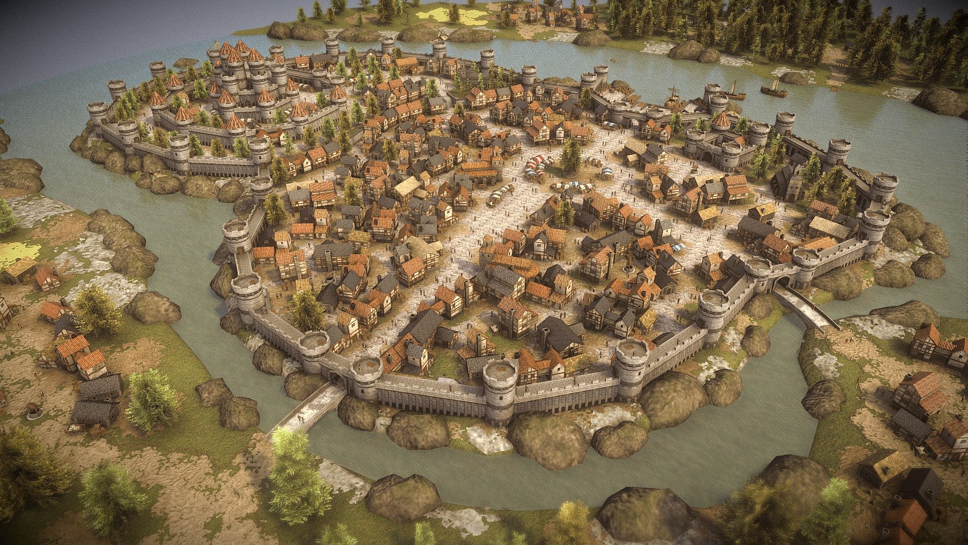This city was created as a demo of my Medieval City Low Poly Pack, which can be purchased here: https://skfb.ly/6FKTU

Every single asset used in this environment comes from that pack. It uses 4 different materials (five if we count the water, as it was separated for manual opacity control), each one with Albedo, Roughness, Normal, AO, Metallic and Opacity maps. Most textures (Environment, People and Market) are 1024x1024, and the one cotaining all the buildings is 2048x2048. Also, most of the details are contained on the normal map, resulting in a low poly count. Even if the scene reaches over 500k polys, keep in mind the size of the city.

As for this scene, it has been something I've wanted to create for so many years, and I finally decided to make it with the pack. It even works as an UE4 level. I hope you like it! :D