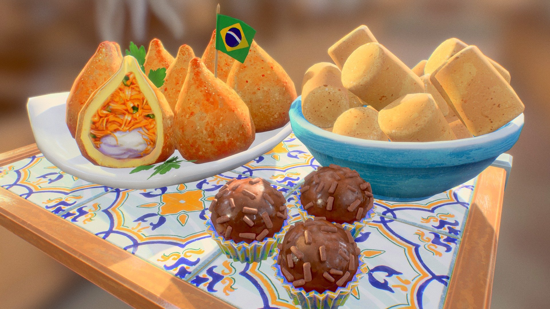Brazilian traditional food. Coxinha is a finger food filled with shredded chicken. Brigadeiro is a chocolate dessert. Paçoca is a bittersweet snack made of peanuts