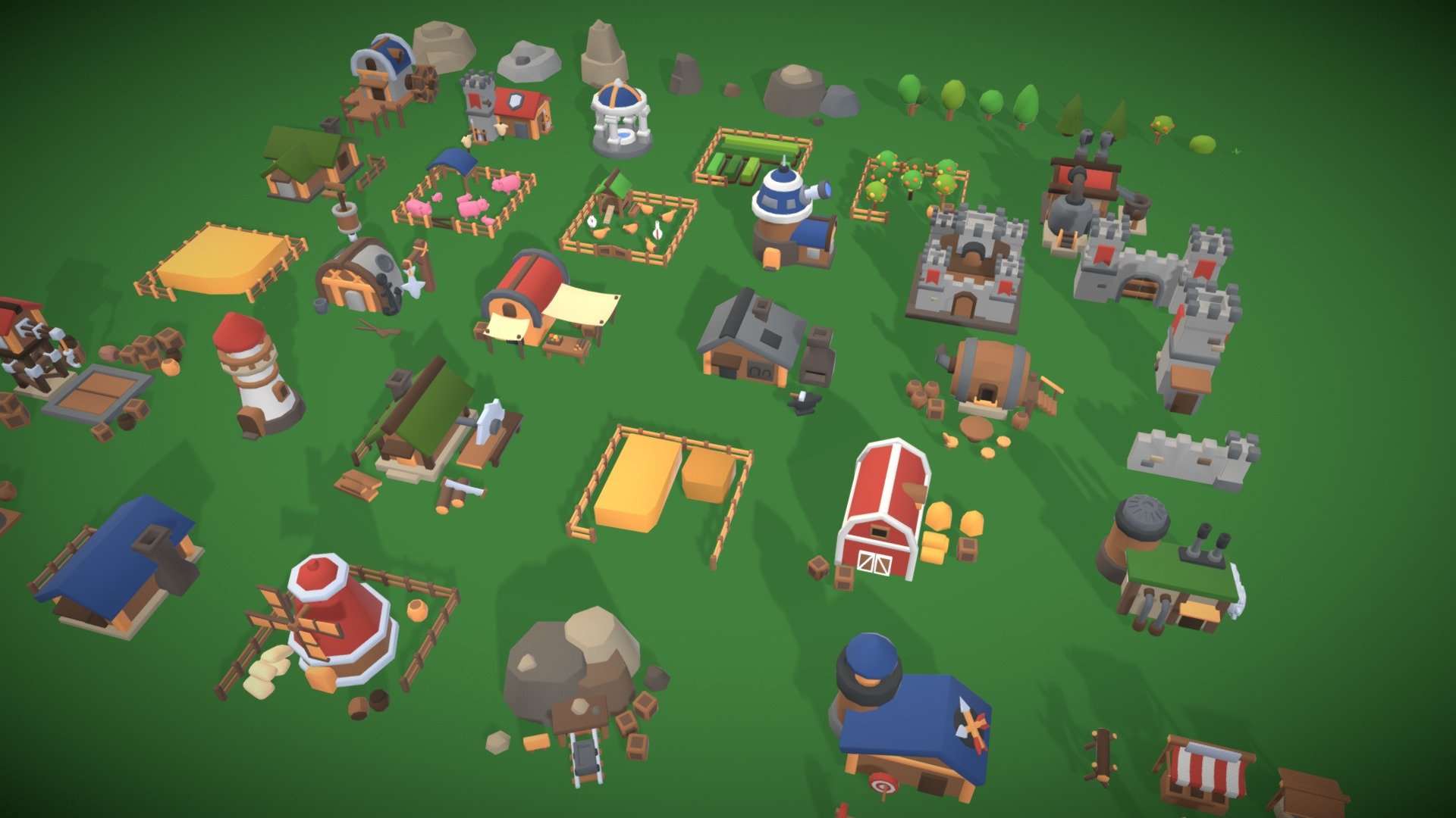 Friendly mobile low poly village town asset kit. Unique building models, environments with simple material without textures that are easy to edit are perfect for your game of any type