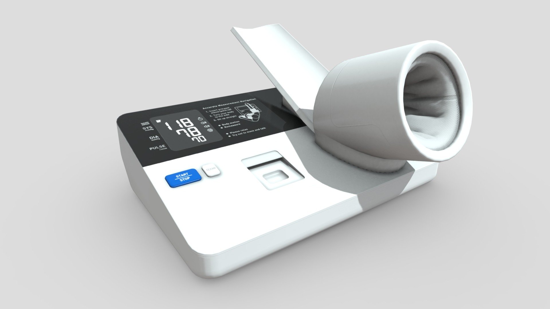 Blood Pressure Monitor 3D Model by ChakkitPP.




This model was developed in Blender 2.90.1

Unwrapped Non-overlapping and UV Mapping

Beveled Smooth Edges, No Subdivision modifier.


No Plugins used.




High Quality 3D Model.



High Resolution Textures.

Polygons 4437 / Vertices 4649

Textures Detail :




2K PBR textures : Base Color / Height / Metallic / Normal / Roughness / AO

File Includes : 




fbx, obj / mtl, stl, blend
