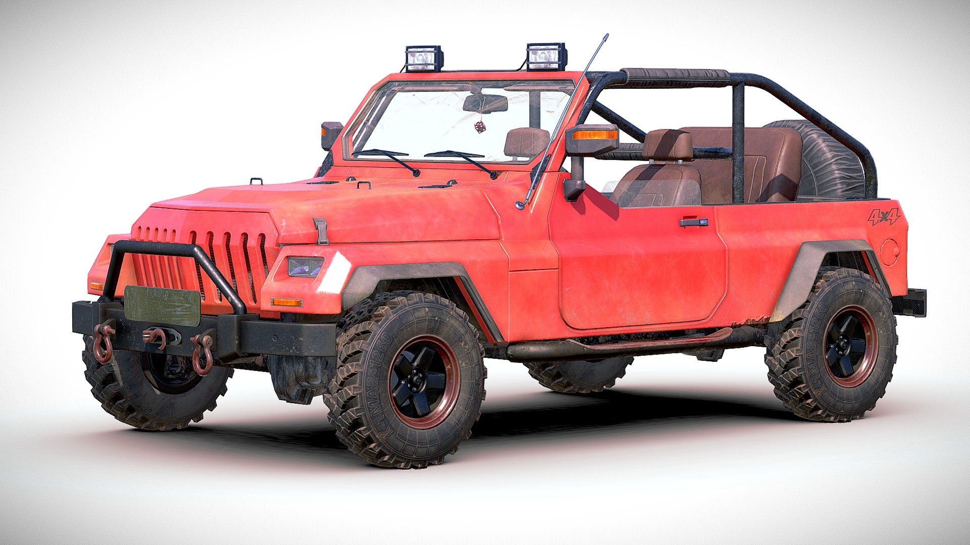 This brandless offroading vehicle is lowpoly and ready to be part of any game, its on sale in my cgtrader account and soon its gonna be available for unity3d in the assetstore and for UE4 in the Marketplace, 
it has the following features: 
22k Polys 
Doors, wheels, steer and speedometer are separated objetcs with a proper pivot to be animated and linked to the main car body 
Textured were packed for Exterior, interior, Underbody and Transparent