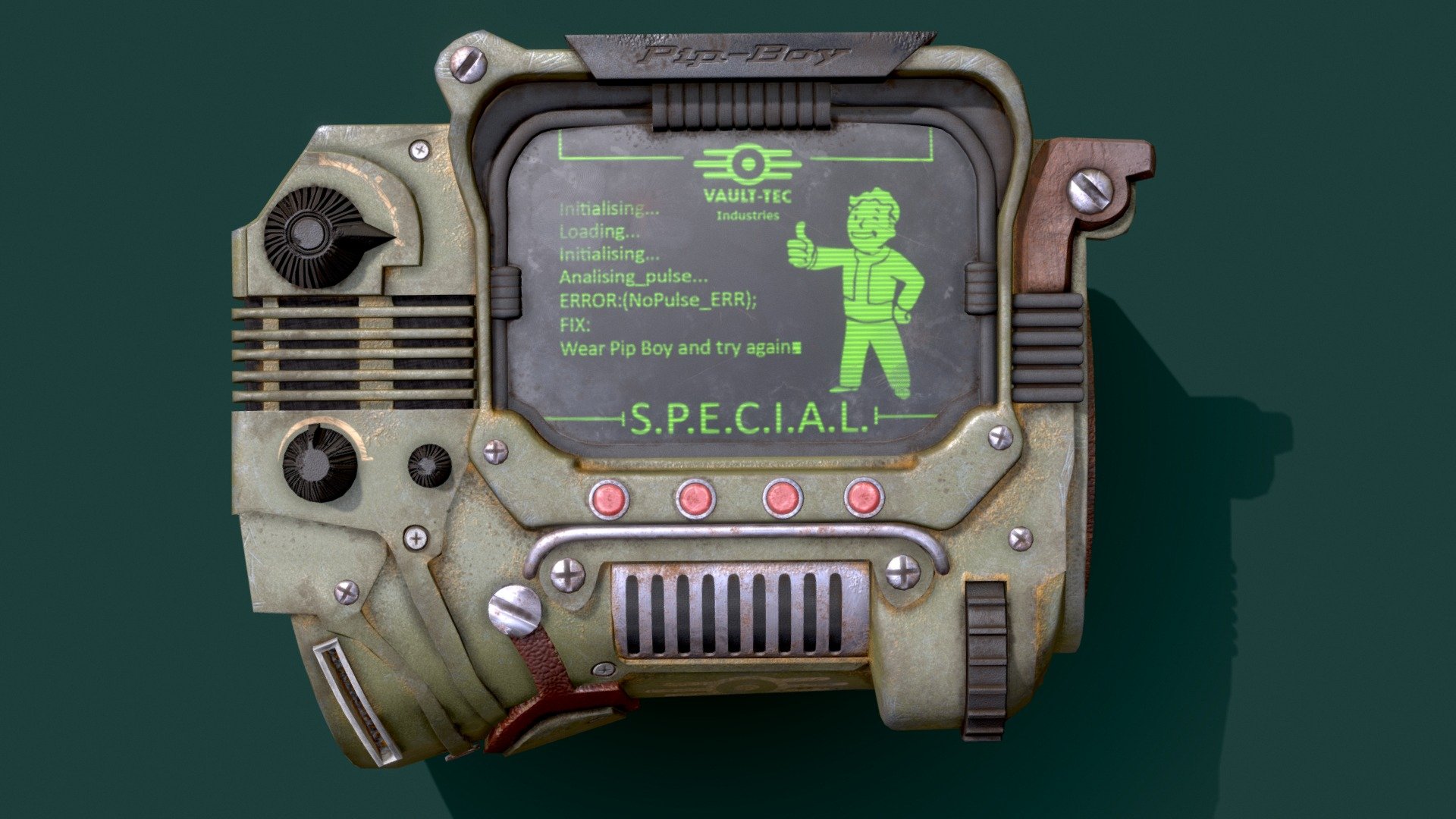 Reupload because there was an artifact that sketchfab wouldn't replace
For a game asset pipeline exercise I have decided to make a Pip-Boy from Fallout 3 concept art that hadn’t been developed.
Modeled entirely in Maya and Textured in Substance with stamps made in Photoshop.