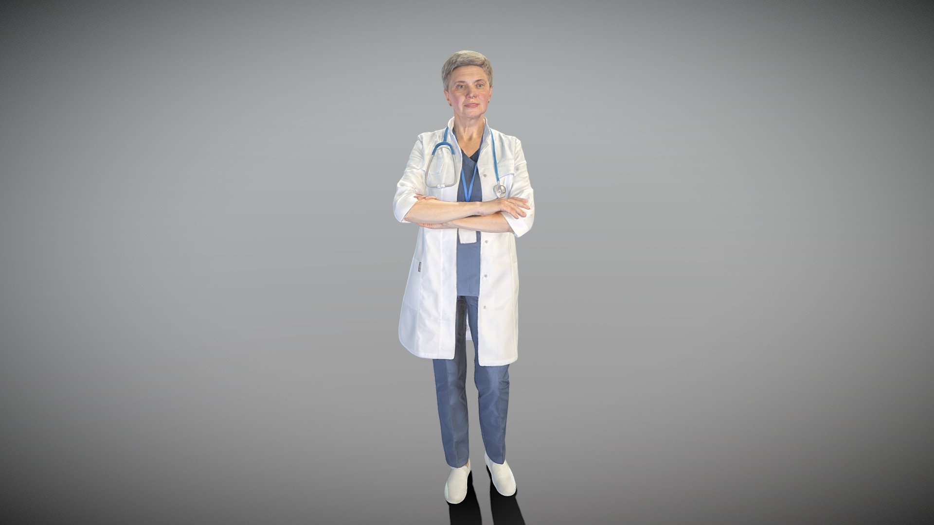 This is a true human size and detailed model of a beautiful woman of Caucasian appearance dressed in a medical uniform. The model is captured in typical professional pose to perfectly match a variety of architectural and product visualizations, be used as a background or mid-sized character in advert banners, professional products/devices presentations, educational tutorials, VR/AR content, etc.

Technical specifications:




digital double 3d scan model

150k &amp; 30k triangles | double triangulated

high-poly model (.ztl tool with 5 subdivisions) clean and retopologized automatically via ZRemesher

sufficiently clean

PBR textures 8K resolution: Diffuse, Normal, Specular maps

non-overlapping UV map

no extra plugins are required for this model

Download package includes a Cinema 4D project file with Redshift shader, OBJ, FBX, STL files, which are applicable for 3ds Max, Maya, Unreal Engine, Unity, Blender, etc.

3D EVERYTHING

Stand with Ukraine!