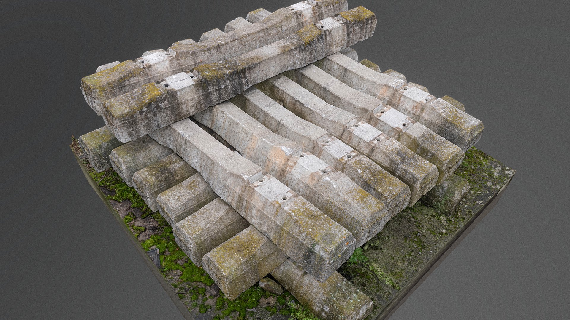 Concrete Railroad railway ties crossties sleepers stack pile heap 

Photogrammetry scan 240x24MP, 3x8K texture