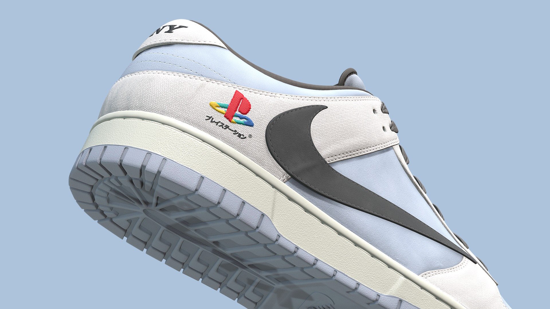 Playstation x Travis Scott Nike Dunks made entirely in Blender and textured in Substance Painter. Released in 2020 this collaboration between Playstation and Travis Scott was extremely limited, available to only friends and family, and five lucky fans who were drawn out of a raffle. The shoes features a biege canvas material in place of the usual leather accented by a light blue suede. Travis Scotts signature reverse swoosh, along with Sony and Playstation branding can be found on the shoe.

Every detail was made in the recreation of this shoe, from the embroidered logos to the subtlety of each material nothing went overlooked. The model itself is subdivision ready and consists of four texture sets. The model on display is at Subdivision level 1 and each texture is at 4096x4096 resolution

Download File Contents:
1. Native Blender file with linked textures
2. Folder containing all textures in 4096x4096 png format. 
3. FBX and OBJ versions of the shoes