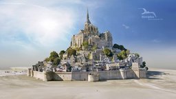 Mont Saint Michel, 1km above landscape, abbey, michel, mount, michael, medieval, island, baie, normandy, normandie, gothic, bay, roman, channel, gerpho, abbaye, archangel, islands, unesco, tide, contextcapture, mont-saint-michel, unesco-world-heritage, photogrammetry, scan, church, archange