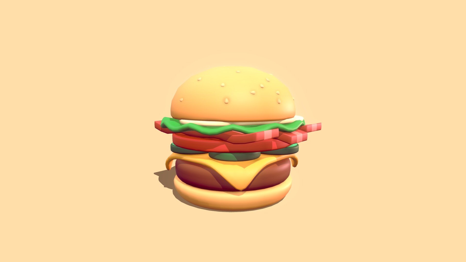 Stylized Cheese burger with sliced cucumber and tomato, fried egg and bacons.
Mid poly, One texture