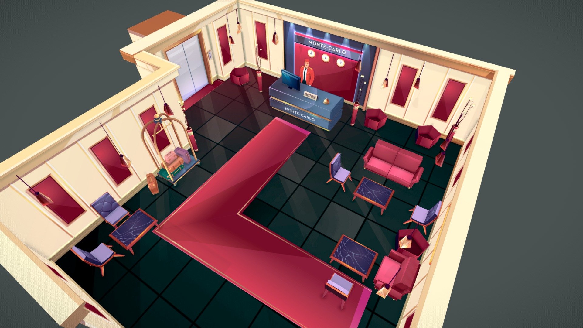 HOTEL LOBBY RECEPTION-  cartoon lowpoly assets
done on blender for your games, and cartoons. 
its a hotel lobby w ith all its assets, with character , luggage, furniture etc