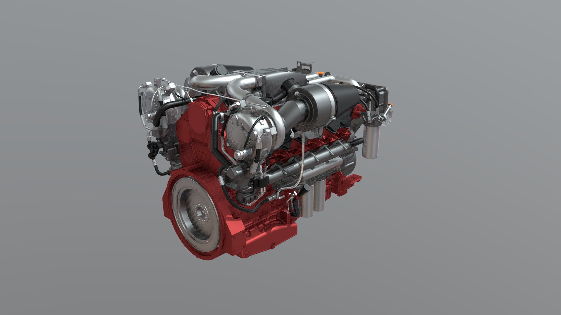 Medium-High Poly Style Editing of the model found Below. The model was Exploded in Surfaces and rejoined to assign materials. Styling was done for rendering, nothing to do with the actual engine. Rhino files (Nurbs) available upon request. Note: This Model uses SSAO and SSR (Reflections and Occlusion) and may not display properly in some devices (mobiles usually).

Source:
https://grabcad.com/library/catterpilar-c32-1417kw-2300-rpm-1

Original file, in the link above. It is in STEP/NURBS Format, not Mesh.