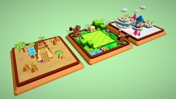 Game Environments Combo Pack - 3 in 1 tree, platform, pyramid, desert, clouds, snow, obj, playground, fbx, farm, map, theme, 3in1, ludo, themepark, gamebackground, lowpolyenvironment, windmill-3d, glb, 3d, lowpoly, blender3d, gameasset, house, rock, environment
