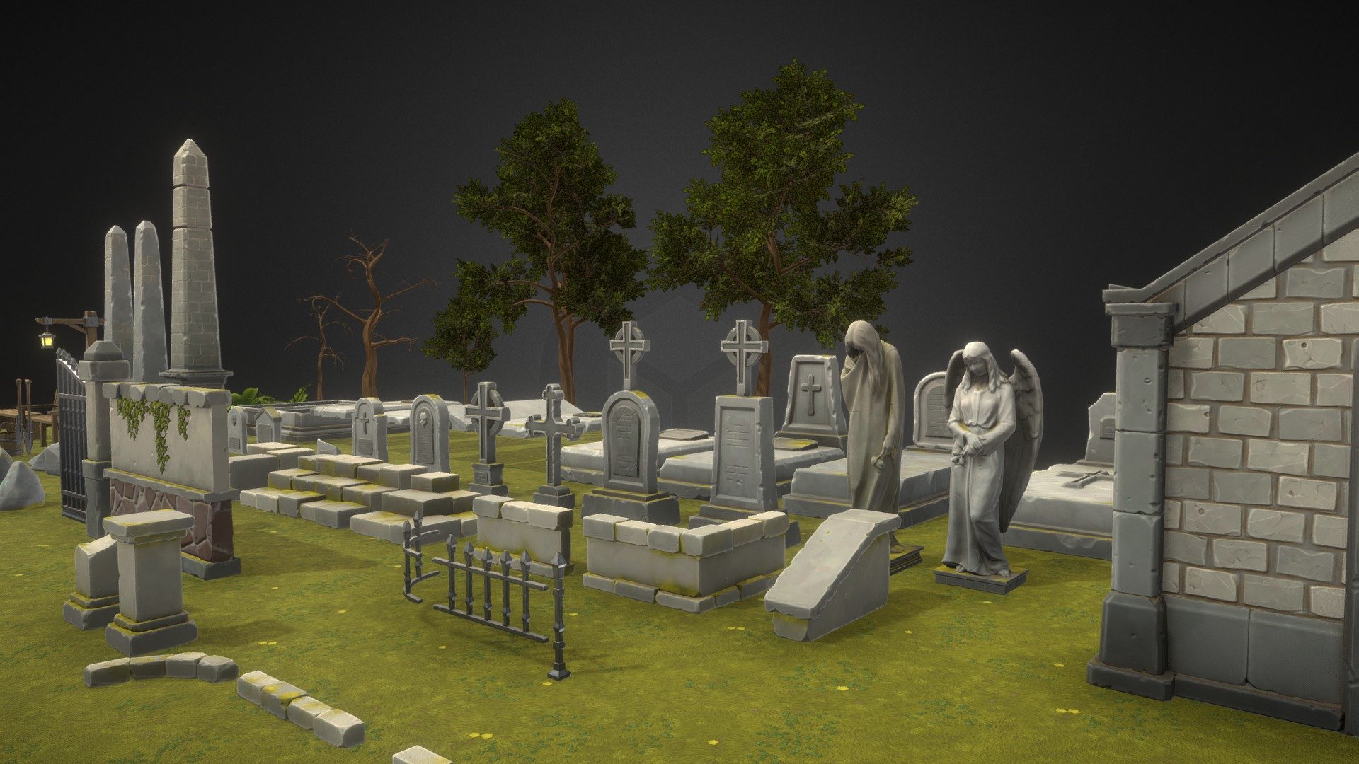 Full environment Stylized Graveyard made in unity.
The project contains many objects from which you can create a complete environment.

this is how assets look like in the Unity engine
https://youtu.be/b_rf6gv3s3A

Number of textures - 186

Texture dimensions - 2048x2048

Number of prefabs - 92

the package also contains a scene in Blender