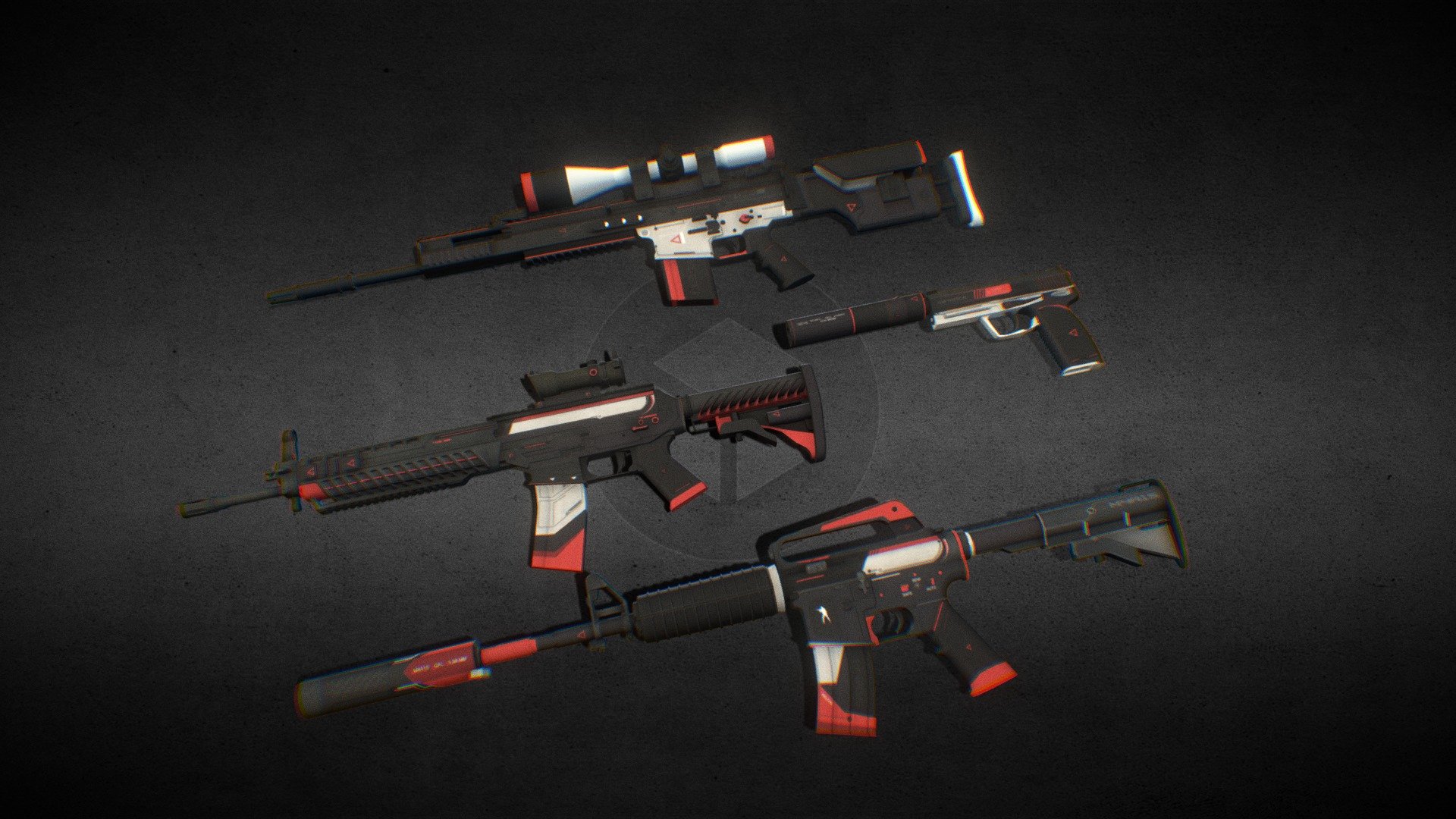 Another Different Artwork from my usual Mechanical Keyboards.


A Collection of Cyrex CS:GO/CS2 Weapon Models (All 4 Weapons that have Cyrex).
Stats:

Objects Count: 4

Poly Count: 60,518

Vertex Count: 33,712 



File Formats:

.blend 17 MB

.obj 5 MB

.zip 1 MB (4 obj files one for each weapon)*

*All files can be found in &ldquo;additional file