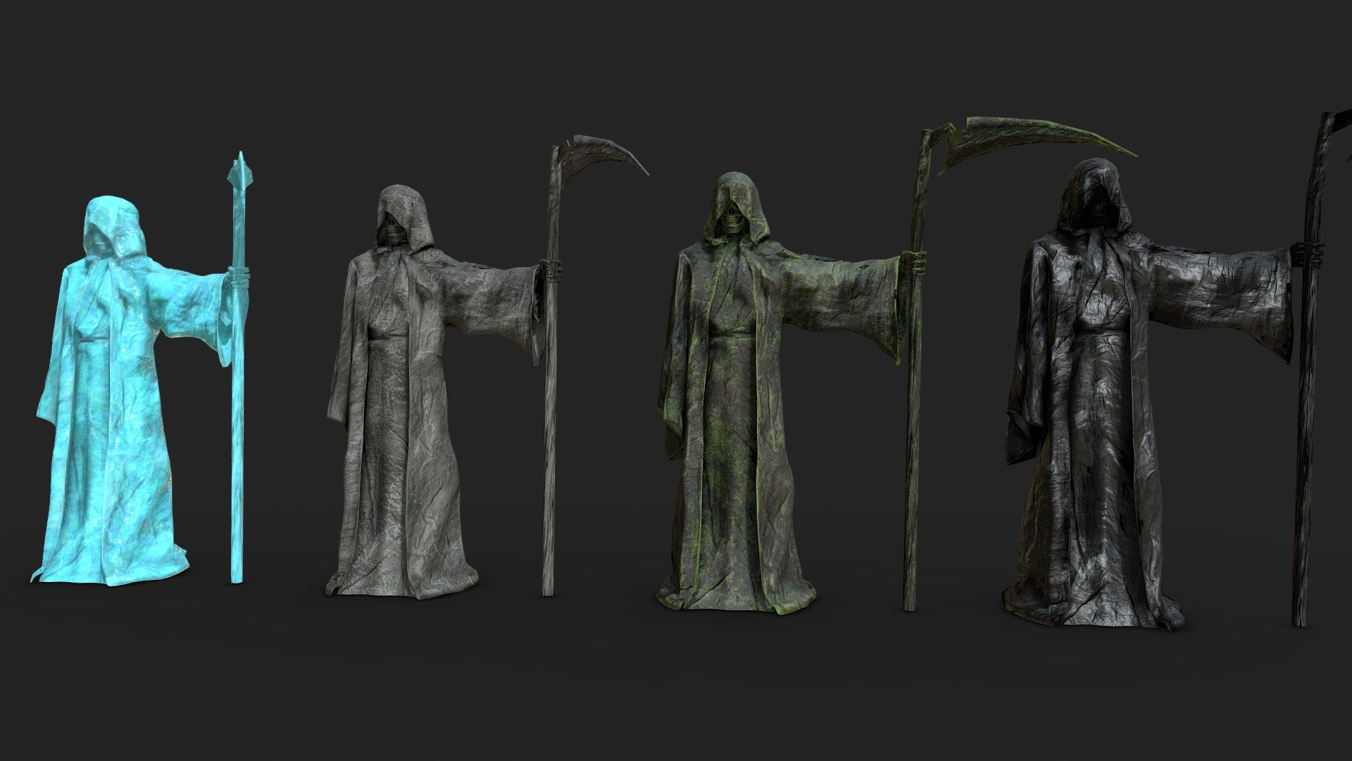 Grim Reaper _V2

Blender 3.2
Obj
Fbx
gltf
Texture 4k

Materials :




ICE : Color , Roughness, Normals 4K.png

ROCK_01 : Color , Roughness, Normals , AO 4K.png

ROCK_02 : Color , Roughness, Normals , AO 4K.png


METAL : Color , Roughness, Normals , AO 4K.png




Poly : 66.782



Verts : 67.107

**Video : **
https://youtu.be/W1Py26M__p8
