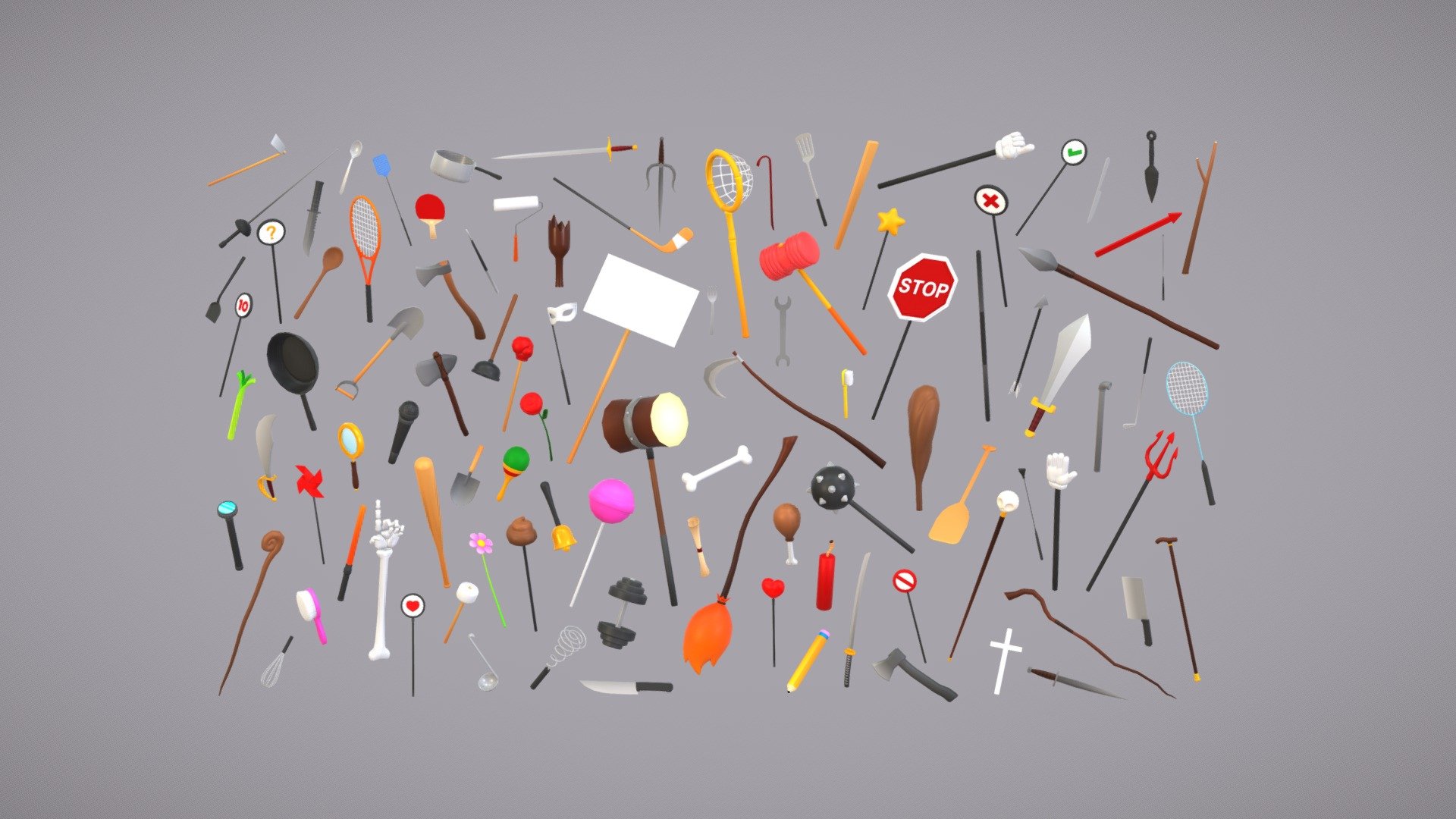Melee Weapons And Tools 3d model Pack.      
    


Unity Package 

100 Unique Prefabs  

100 FBX files 
 


Low Poly   

Optimized for game engines  

VR and AR Ready  

Clean topology    

No Rig                          

Overlapping unwrapped UVs        
 


PNG texture               

2048x2048                


- Base Color                        

- Roughness                         



30 - 908 poly       

