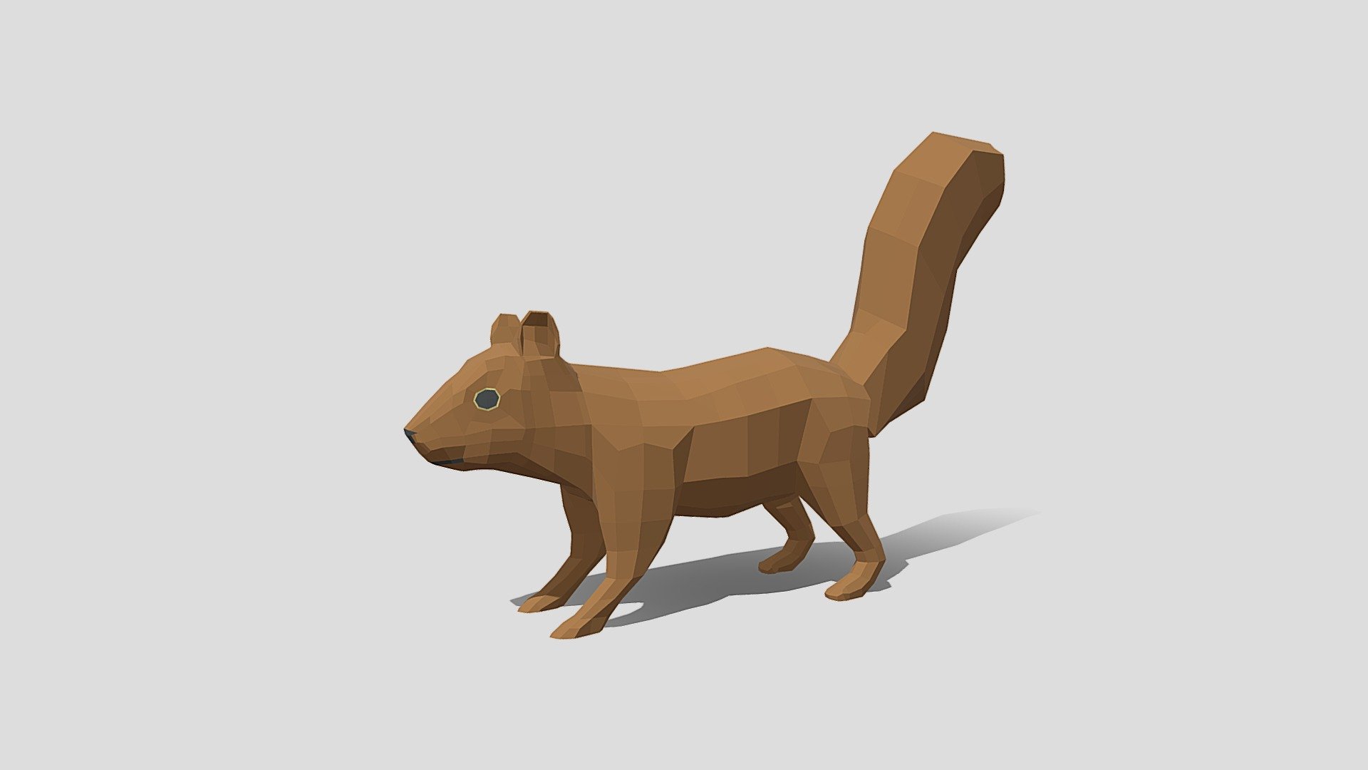 This is a low poly 3d model of a squirrel. The low poly squirrel was modelled and prepared for low-poly style renderings, background, general CG visualization.

The 3d squirrel model is presented as a mesh with quads only.

Verts : 820 Faces: 818

Simple diffuse colors.

No ring, maps and no UVW mapping is available.

The original file was created in blender. You will receive a 3DS, OBJ, FBX, blend, DAE, Stl.

All preview images were rendered with Blender Cycles. Product is ready to render out-of-the-box. Please note that the lights, cameras, and background is only included in the .blend file. The model is clean and alone in the other provided files, centred at origin and has real-world scale.