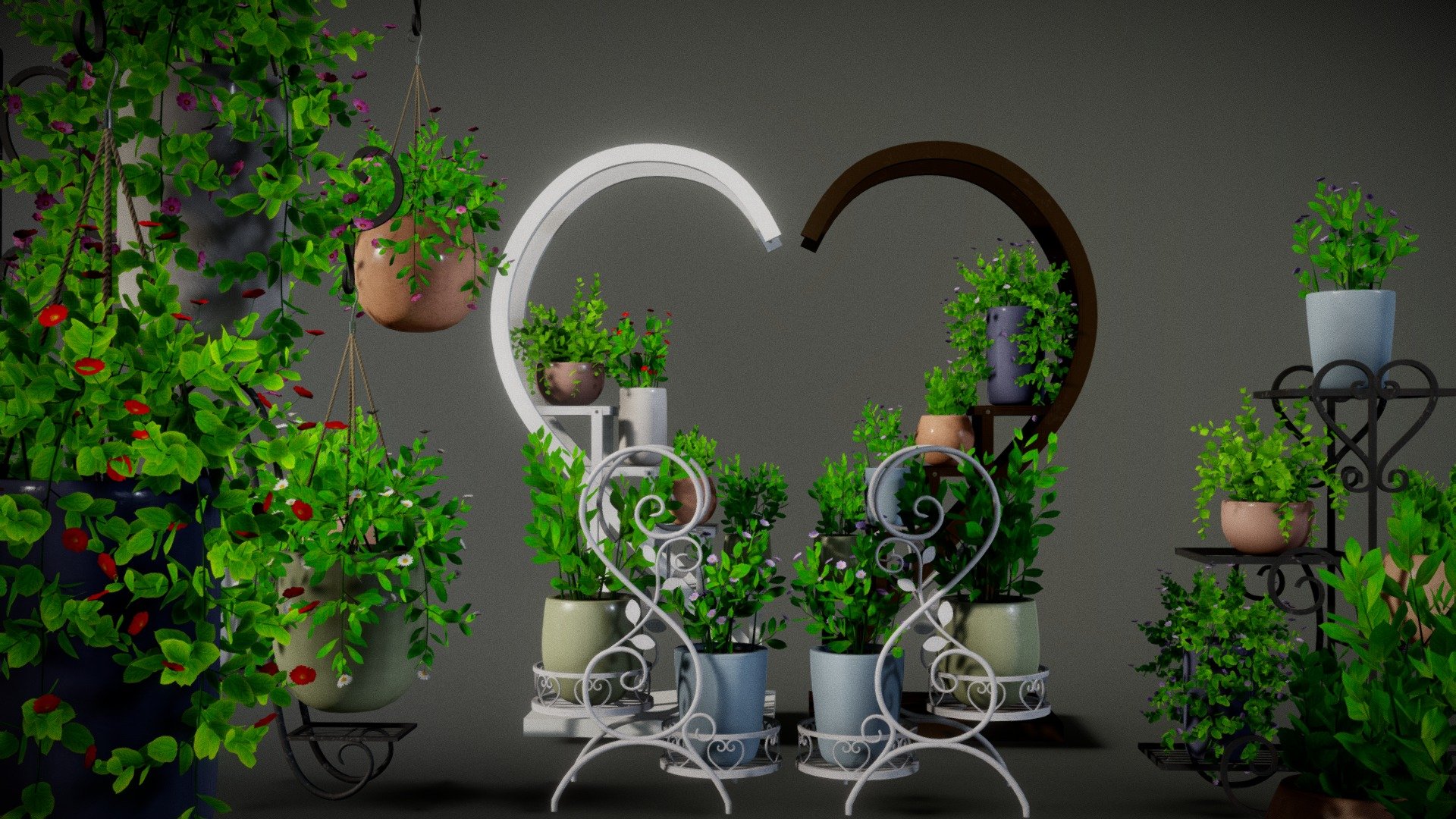 Hanging Pots Collection with Plant Stands
All the maps included in the blend file and also packed in additional files.



you can easily apply them onto the model based on material ID.



3 Additional Blend files also included:- 
* Plants Blend file
* Plants with pots
* All Assets Collection


Thank You!