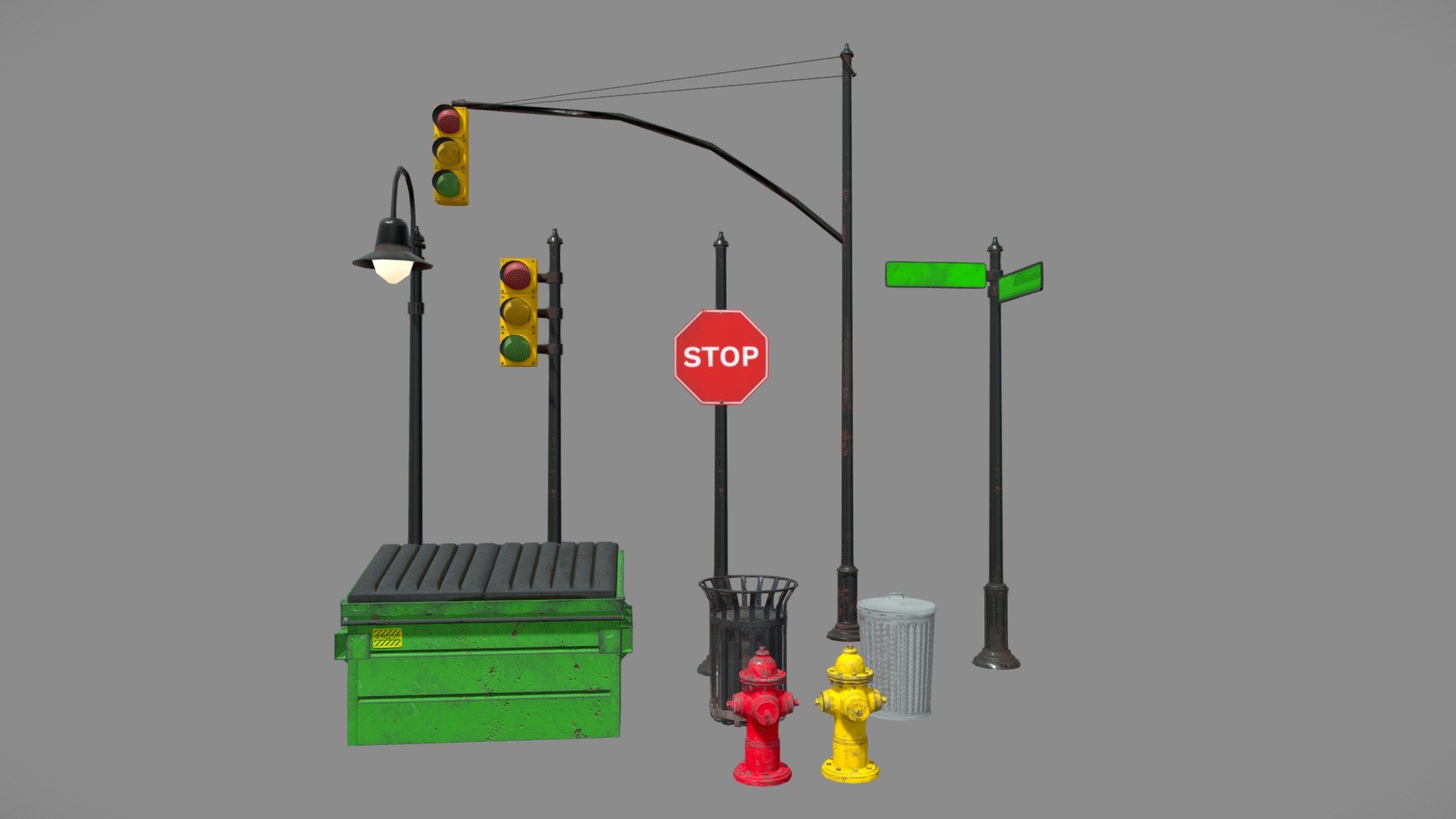 Street and city props. Dumpster, Traffic Lights, Street Lamp, Fire Hydrants, Stop Sign, Trash Cans, and Street Sign. These props were modeled to be in a multiplayer fps map. All the meshes use the same material. Meshes were modeled in Blender and textured in Substance Painter.