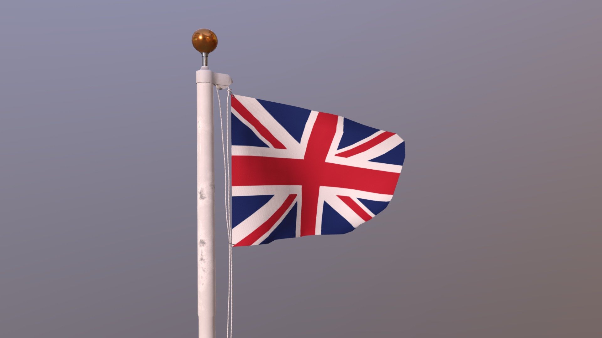 Flag of United Kingdom (waving in the wind)

A low poly 3D model of an animated and rigged flag. The low poly flag was modeled and prepared for low-poly style renderings, general visualization, background.

UV Layout maps and Image Textures resolutions: 1024x1024 px; PBR Textures created and baked (SimpleBake) in Blender and included diffuse, roughness, metalness and normal maps. 
The entourage is separate object, 2D girl for visual scale (175 cm) plus terrain, and have simple material with colors and it's just for presentation.

The animation has 190 frames.

Details:

real world dimensions




Flag cloth size

-length: 140 cm
-width: 90 cm




Flagpole size

-diameter: 10 cm
-height: 680 cm