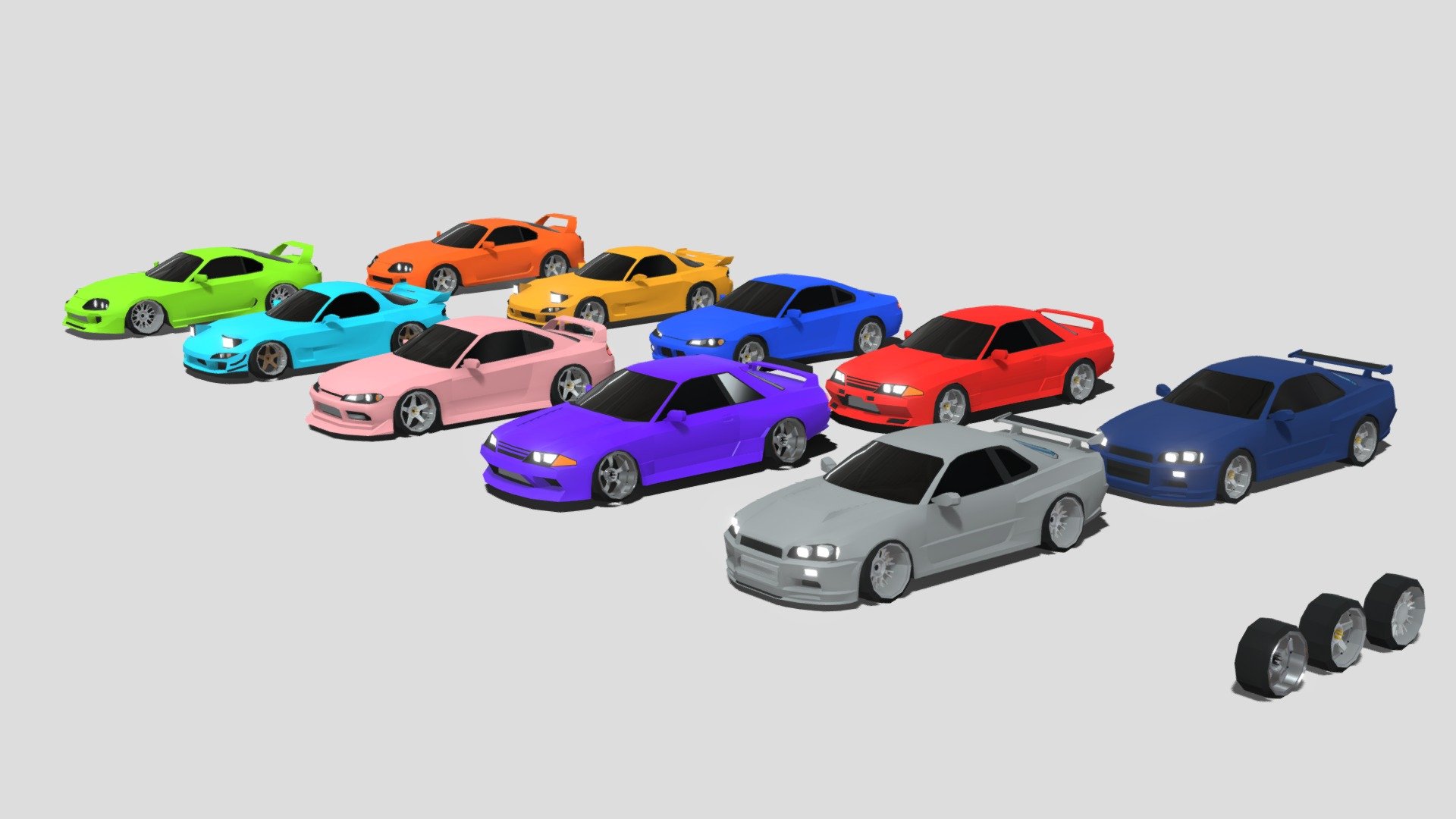 This pack contains 5 Low-Poly Retro Tuner and Drift Japanese Cars ready for your games, animations, and renders. Features R34 Nissan GTR, R32 Nissan GTR, S15 Nissan Silvia, FD Mazda RX-7, and Toyota Supra. Each car also has a modified version. This pack also contains 3 different rims as a bonus.