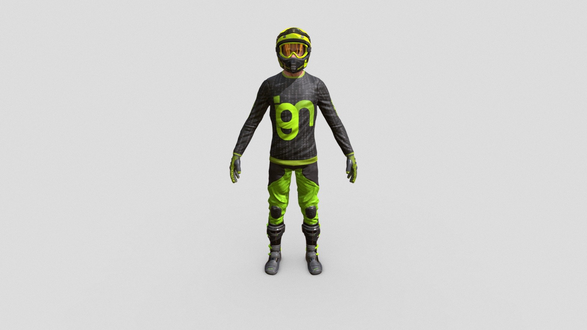 Motocross Biker character - high detail.

PBR textures for , redshift, standard PBR, Unity PBR and Unreal Engine 4 PBR.

• Fake branded textures

• Non branded Textures for easy tweaking and adding custom graphics.

•Additional PBR dirt maps with masks for dry and wet dirt.

•Body collision mesh for cloth simulation if needed.

•Basic null FBX rig for posing or retargeting.