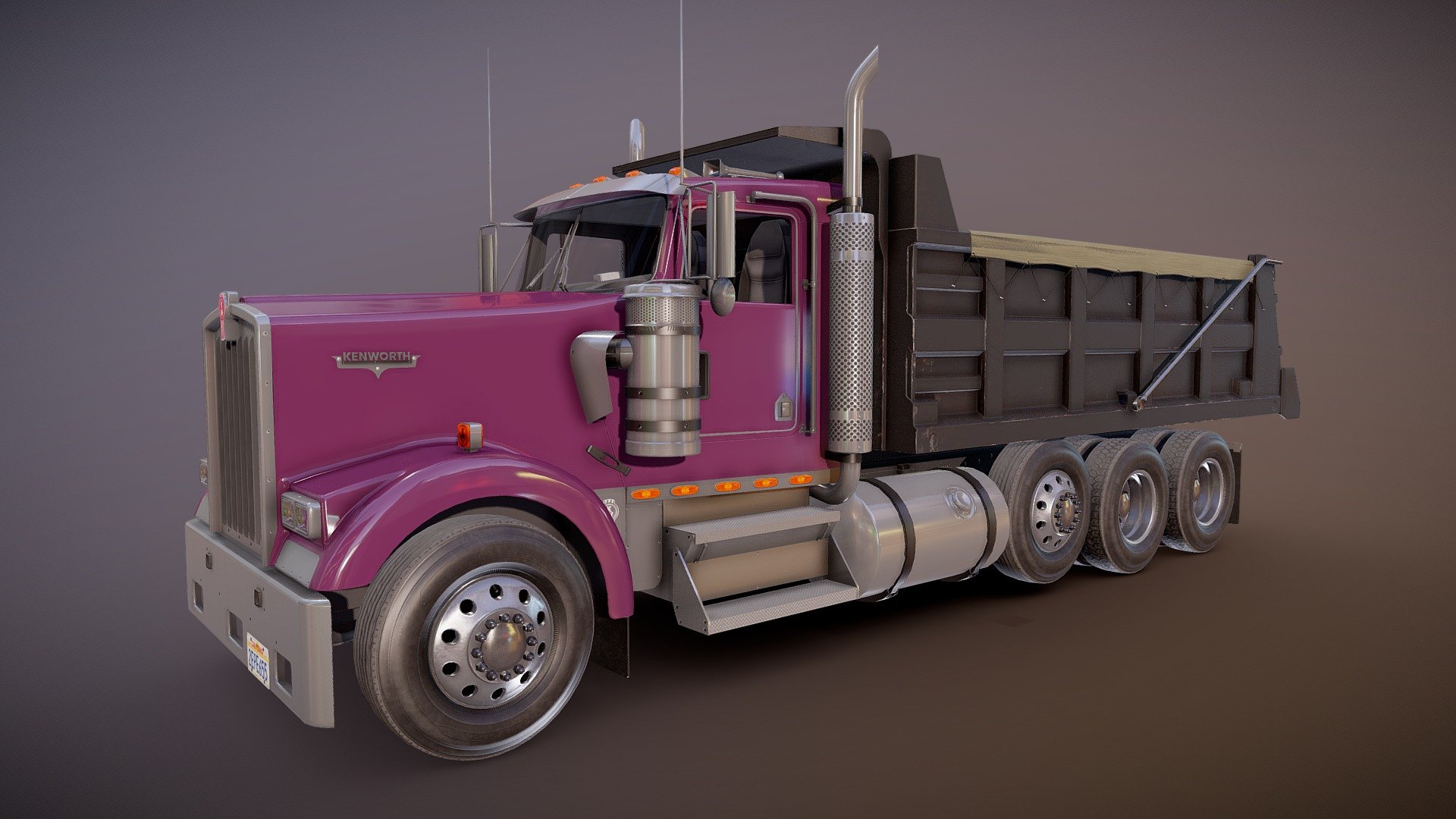 Kenworth dump truck game ready model.

Full textured model with clean topology.

High accuracy exterior model.

Different tires for rear and front wheels.

High detailed cabin - seams, rivets, chrome parts, wipers and etc.

High detailed rear suspension with axles and other parts.

Full modeled and textured dump inner space.

Lowpoly interior - 1811 tris 1074 verts.

Wheels - 25960 tris 14584 verts.

Full model - 73460 tris 42298 verts.

High detailed rims and tires, with PBR maps(Base_Color/Metallic/Normal/Roughness.png2048x2048 )

Original scale.

Lenght 10.7m , width 3.35m , height 4.1m.

Model ready for real-time apps, games, virtual reality and augmented reality.

Asset looks accuracy and realistic and become a good part of your project.