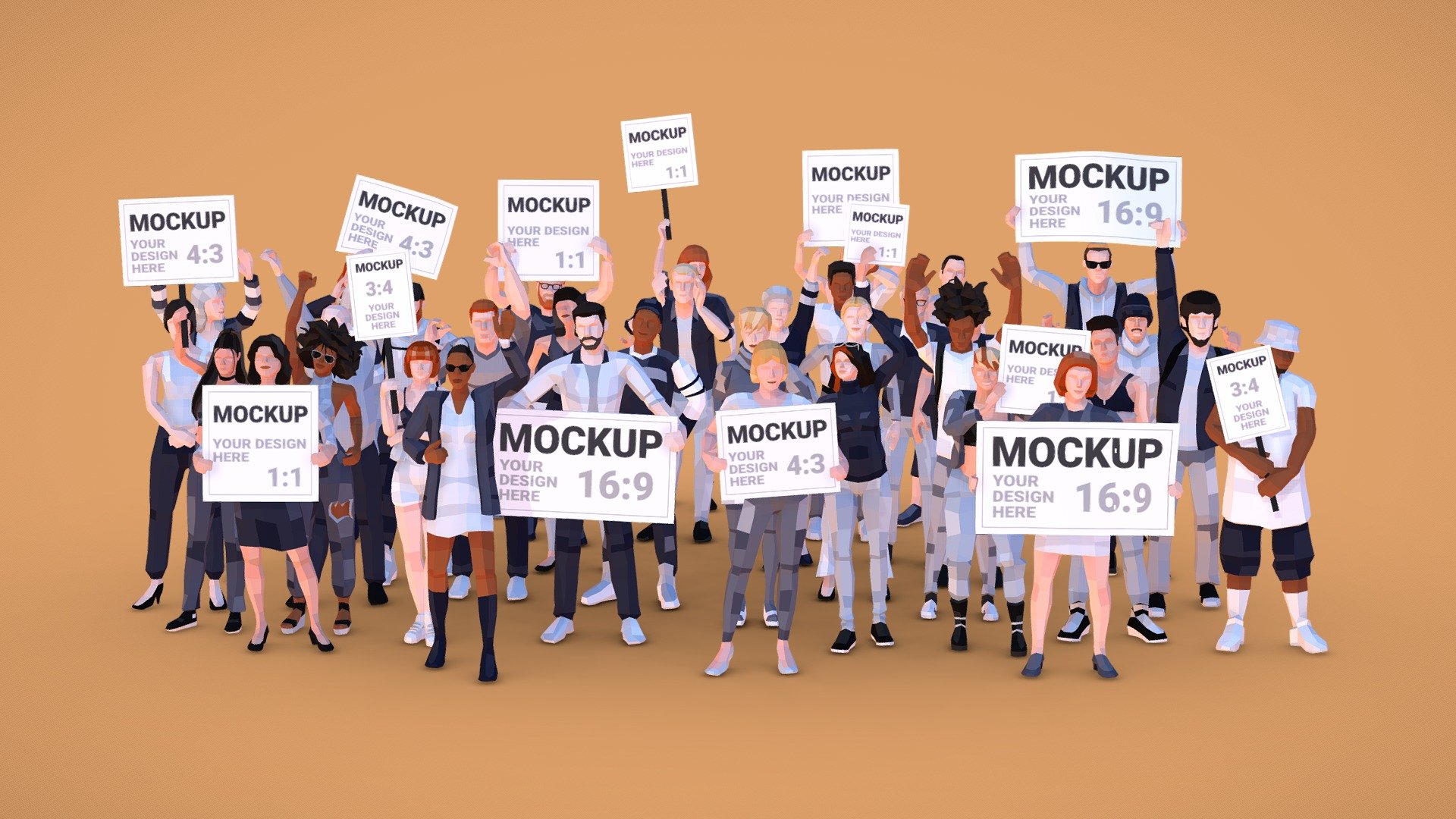 Replace sign textures with your own messages and desings. Great for graphical design or interactive 3D webs.

Static posed characters protesting holding mockup sings. Placeholder textures indicates their aspect ratio. 

For customizing the character look there are more than 20 texture variations.

Free sample here: People Protesting Free. 

See alternative rigged asset pack for games and animations: City People Mega-Pack