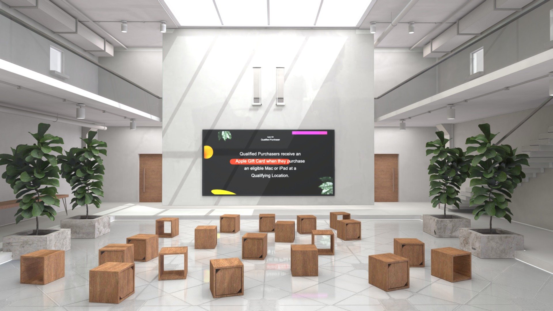 Hi there,
This work is a gallery room for displaying any kinds of content.
This is an open space, with a TV screen in the center to display the content of the speech, and cube wooden chairs scattered randomly for visitors or audience members to sit wherever they like.It has a second floor space where you can arrange your paintings or other displays.

🪑 All the seats have hotspots settings, means the scene is compatible with Spatial.io（GLB file named “with hotspots” in attached files）
📦 You could also get high-resolution baked textures from attached files.