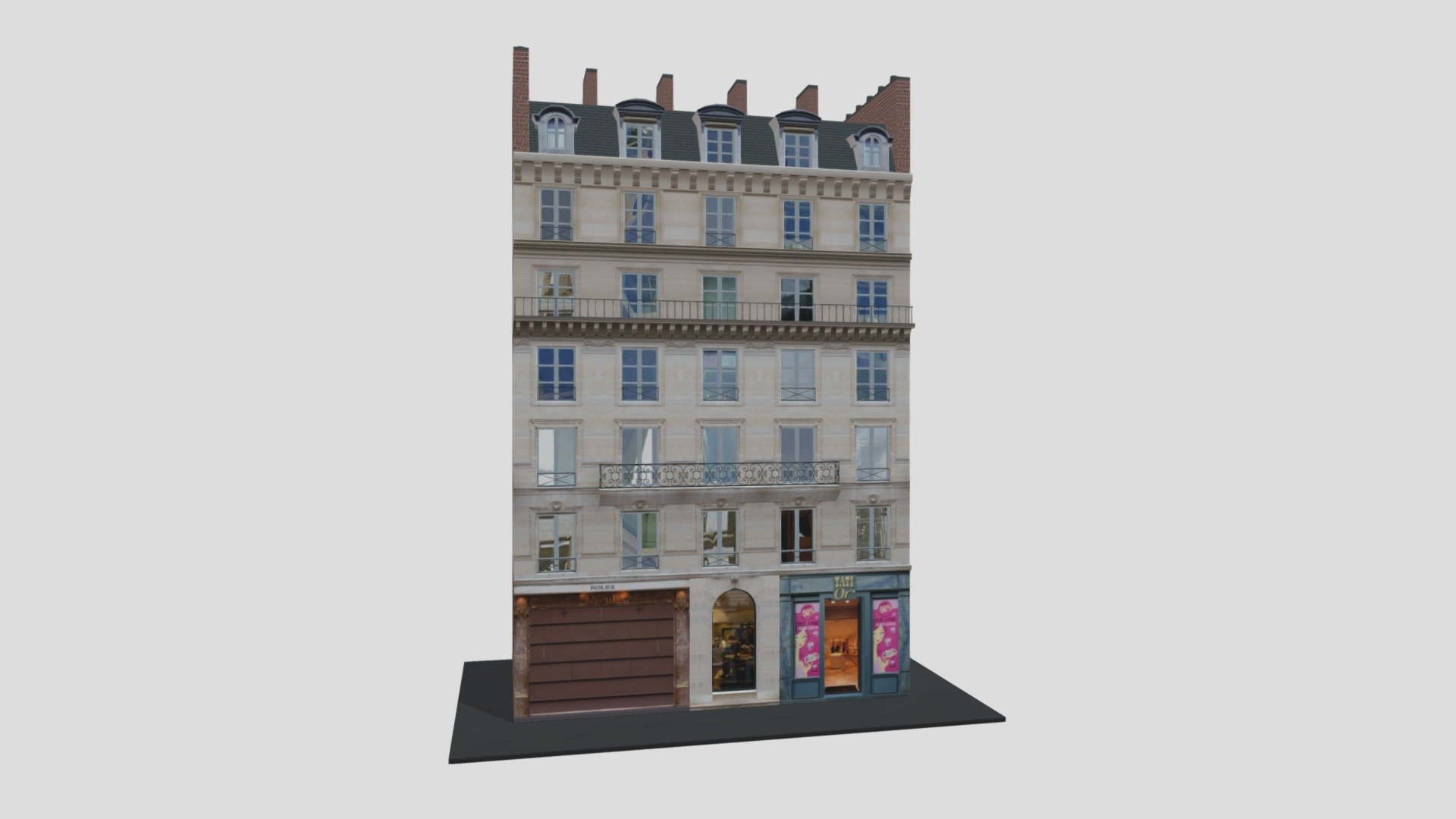 Typical Parisian Apartment Building 30
Originally created with 3ds Max 2015 and rendered in V-Ray 3.0. 

Total Poly Counts:
Poly Count = 15996
Vertex Count = 17869

https://nuralam3d.blogspot.com/2021/09/typical-parisian-apartment-building-30.html