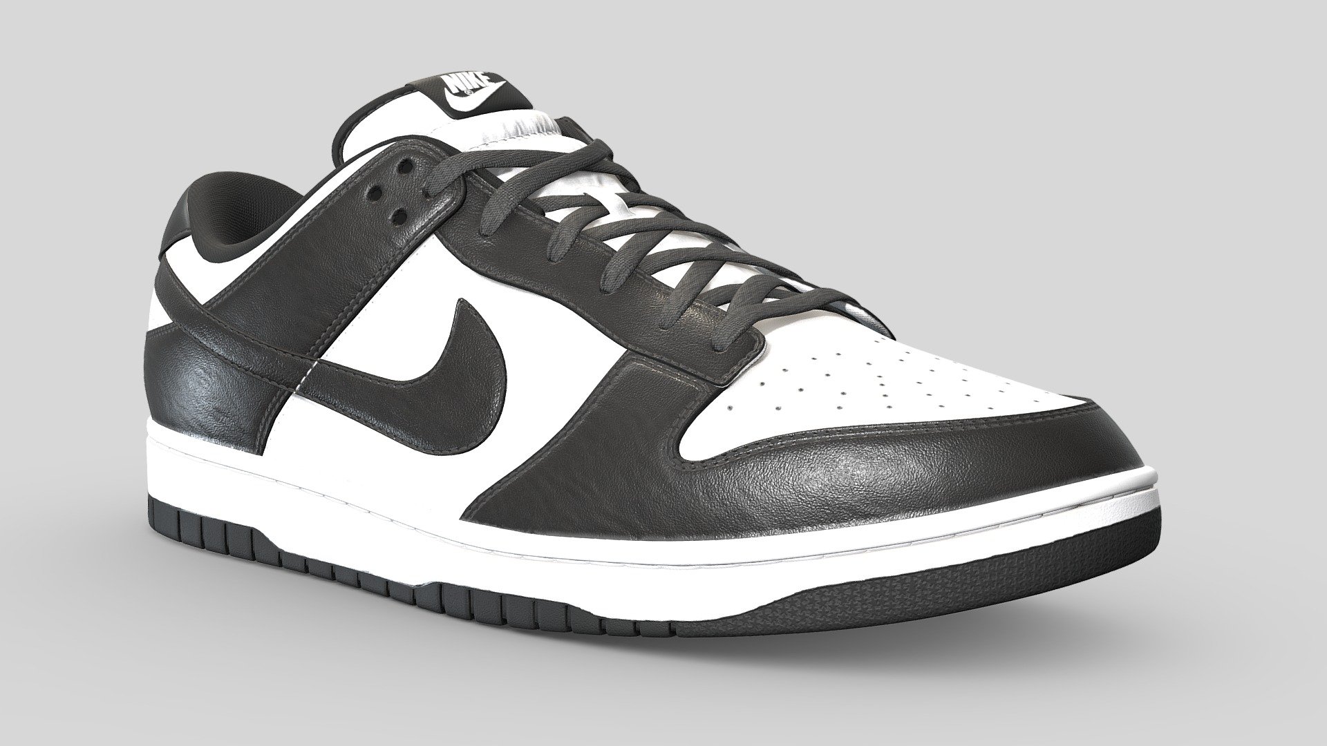 Nike Dunk Low in the Panda Colourway. Every detail was made in the recreation of this shoe, from the text on the medial side of the shoe to the subtlety of each material, nothing went overlooked. Stitches were sculpted by hand to achieve the highest quality

What's included




Blender file with linked textures

FBX and OBJ versions

OneMesh version

All 4k textures

Model Features

The upmost care went into crafting this model. As a result it is subdivision ready. The model was unwrapped with efficiency in mind. Both left and right shoes are mostly identical, save for logos and text that cannot be mirrored. As such the high detail version of the shoe uses 4 UV maps to cover both of the shoes, with the One mesh version using just the one UV map.