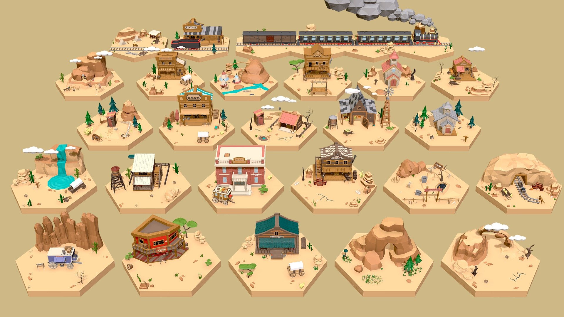 25 tiles (watch Youtube video here) + 330 objects watch here

Exteriors props: 

● Buildings (saloon, trading post, hotel, railway station, shops, school, sheriff, church, undertaker, bank, farm)

● Landscape (mountains, hills, mine, waterfall, lake, stones, cave, puddle, cracks, rocks)

● Vegetation (trees, spruces, bushes, grass, stump, cactus, tumbleweed, meadow, fern)

● Train (locomotive, wagons, mine cart, rails)

● Props (signboards, drying skins, bottles, coffins, graves, posters, gun, fences, barrels, bags, boxes, dynamites, TNT, bones, logs and much more)

Technical details:
298 к triangles full set (exteriors)

Has only one color texture (2048/1024/512/256/128px) and one material for the entire set.

Files: Unity \ Unreal Engine 5 package (is compatible with version UE 5.1 / 5.2 / 5.3 / 5.4) \ Blender \ fbx \ obj \ glTF