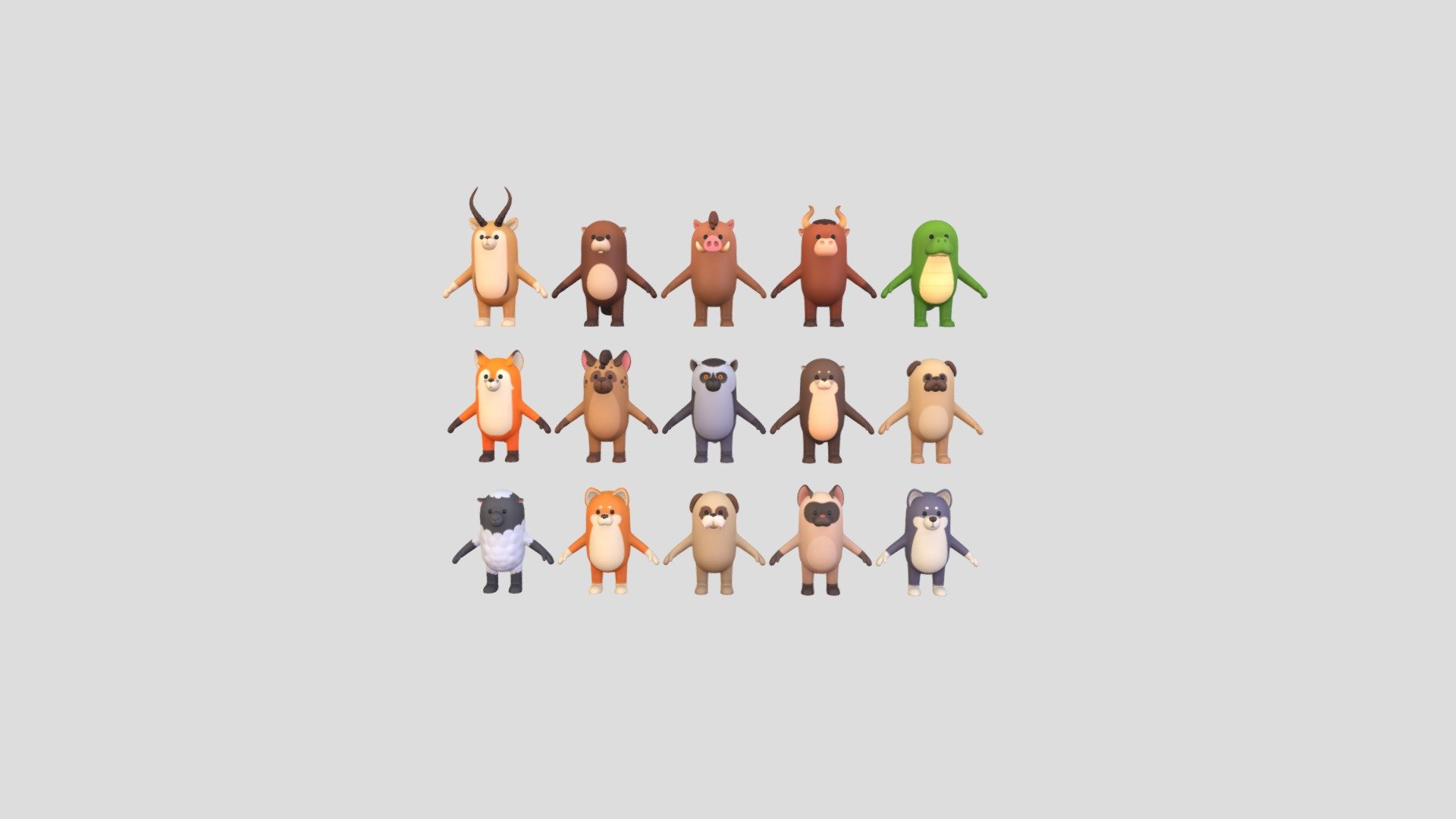 Cartoon Animal Pack 3d model in cartoon style.      
   

File Format      
 
- 3ds max 2023  
 
- FBX  
 
- OBJ  
    


Clean topology    

No Rig                          

Non-overlapping unwrapped UVs        

PNG texture               

2048x2048                


- Base Color                      

- Normal                          

- Roughness                       

This pack contains 15 animals. 

Animals included:

Antelope 

2,876 poly   
 

Beaver 

2,122 poly  


Boar 

2,616 poly  


Bull 

2,900 poly  
 

Crocodile 

2,344 poly  


Fox 

2,855 poly  
 

Hyena 

2,952 poly  
 

Lemur 

2,728 poly  
 

Otter 

2,488 poly 
 

Pug Dog 

2,438 poly  
 

Sheep 

2,508 poly  
 

Shiba Dog 

2,211 poly  
 

Shih Tzu Dog 

4,044 poly  
 

Siamese Cat 

2,792 poly  
 

Wolf 

2,042 poly