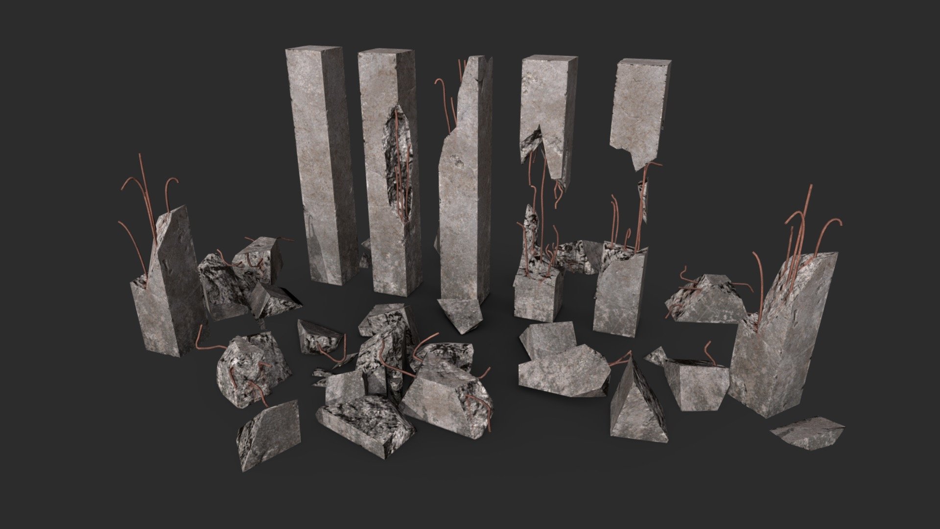 This old concrete pillars pack including 11 individual objects with 3 or 2 LODs each and colliders. All elements are in realistic style and can be assembled to be used in any game (post-apo, first person shooter, construction… ). All objects share a total of 2 materials for the best optimization for games.

This AAA game asset of concrete pillars will embellish you scene and add more details which can help the gameplay and the game-design.

The material of models is unique and ready for PBR.

Low-poly model &amp; Blender native 2.93

SPECIFICATIONS

Objects : 11
Polygons : 4695
Subdivision ready : No
Render engine : Eevee (Cycles ready)

GAME SPECS

LODs : Yes (inside FBX for Unity &amp; Unreal)
Numbers of LODs : 3 or 2
Collider : Yes
Lightmap UV : No

EXPORTED FORMATS

FBX
Collada
OBJ

TEXTURES

Materials in scene : 2
Textures sizes : 4K
Textures types : Base Color, Metallic, Roughness, Normal (DirectX &amp; OpenGL), Heigh &amp; AO (also Unity &amp; Unreal workflow maps)
Textures format : PNG