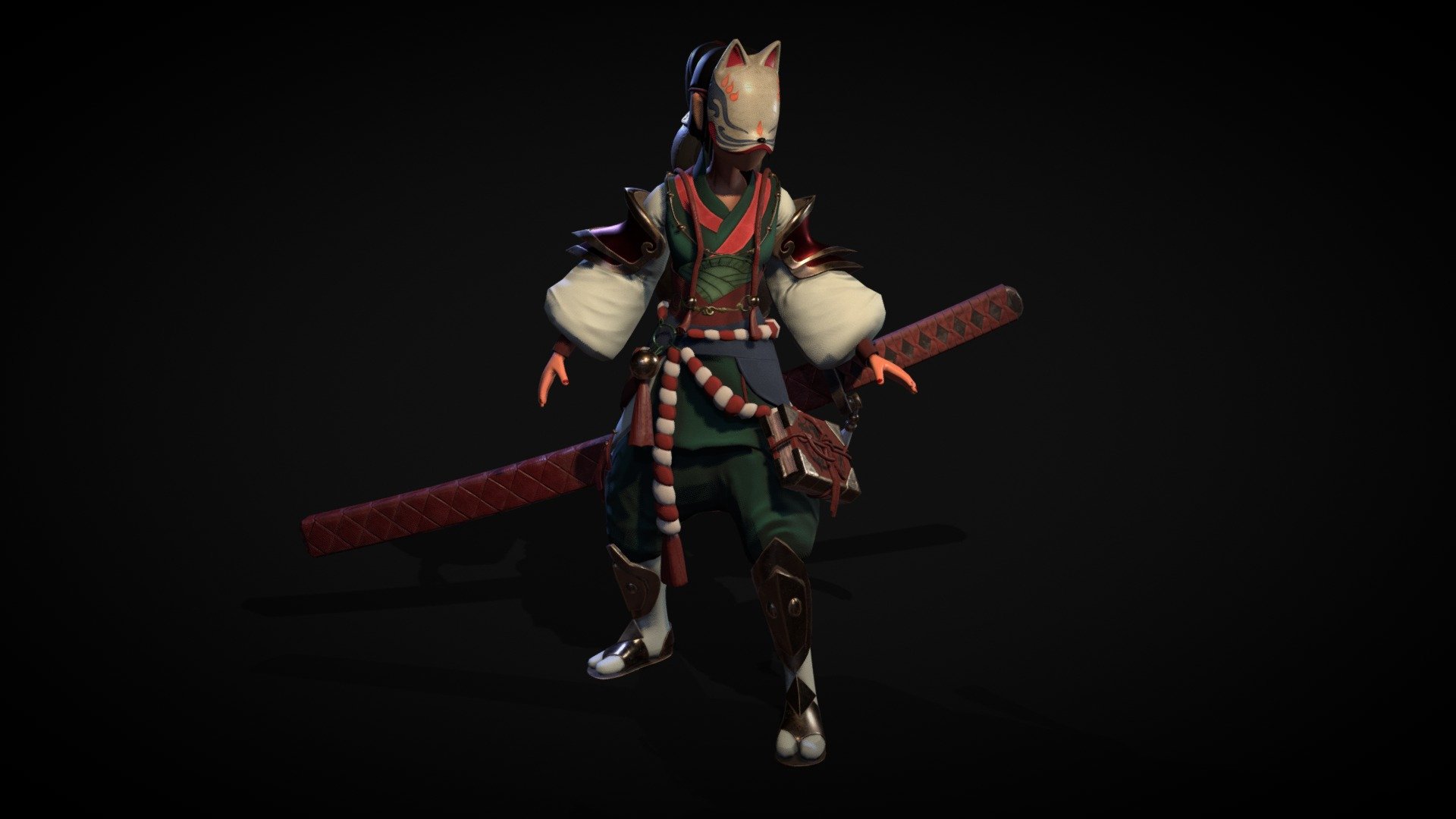 i made this model for Artstation Challenge Feudal Japan: The Shogunate.

Travel the world looking for answers. Who is she? Where she come from? 
She has a long way to go and the dangers ahead force her to take up the sword and not look back. Knowledge in the book of the ancients, the souls behind her shoulders and katana will be faithful companions in her adventure. The whole world in front of her. And she is ready.