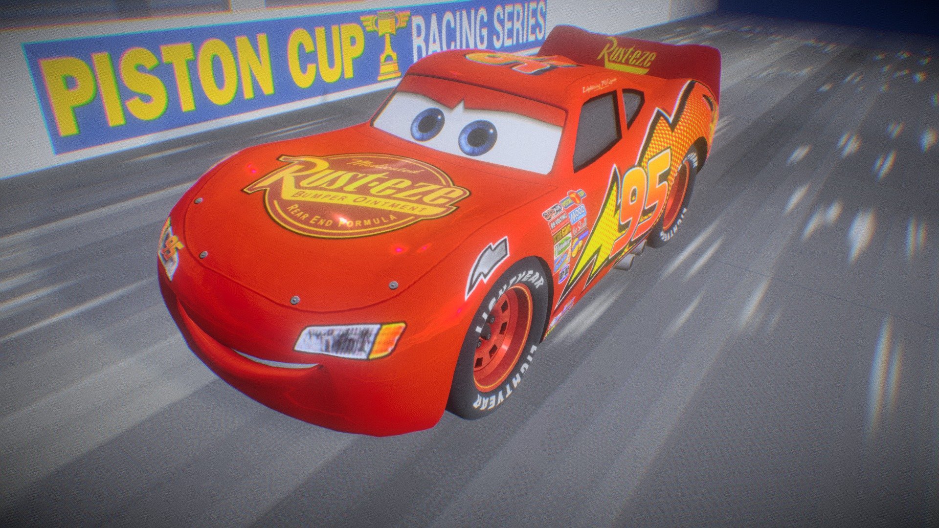 Here's a tribute to Pixar with a low poly recreation of Lightning McQueen from Cars (2006) in action.
The recreation included an attempt of more accurate details of the paint-job from the first movie, and an extension of racetrack background.
I was fortunate to work as a vehicle / character modeler for THQ on almost all the main cast of Cars WII (2006), and this is me being sentimental down to the memory lane.