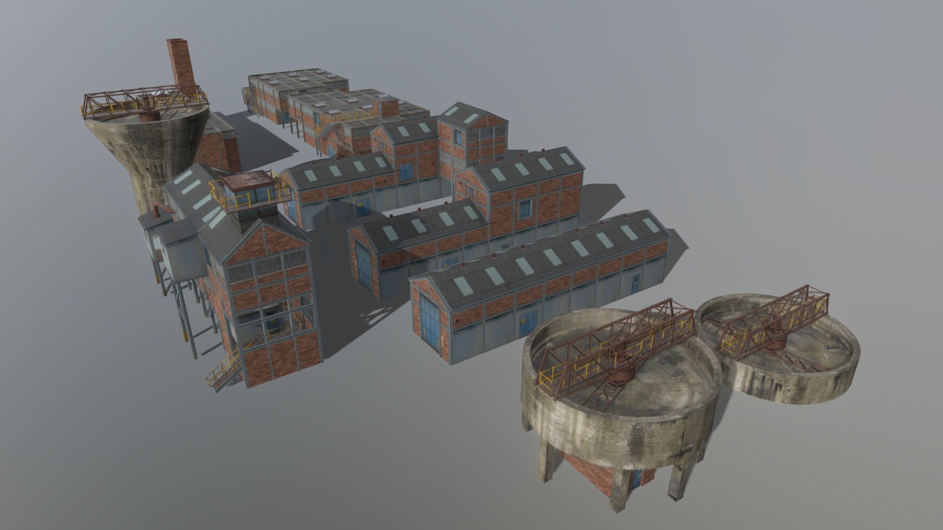 A set of processing buildings for a mining works. They were designed for viewing at a distance for background scenery, RTS games, aerial views, etc. All meshes share a single 4096x4096 texture set and have reasonably low tri/vert counts for realtime use. 

10 buildings are included -  3 screen/processing buildings, wash house, 3 wash tanks, 2 garages, bath house/lockers.

There is a full collection including sets of other mining buildings.
