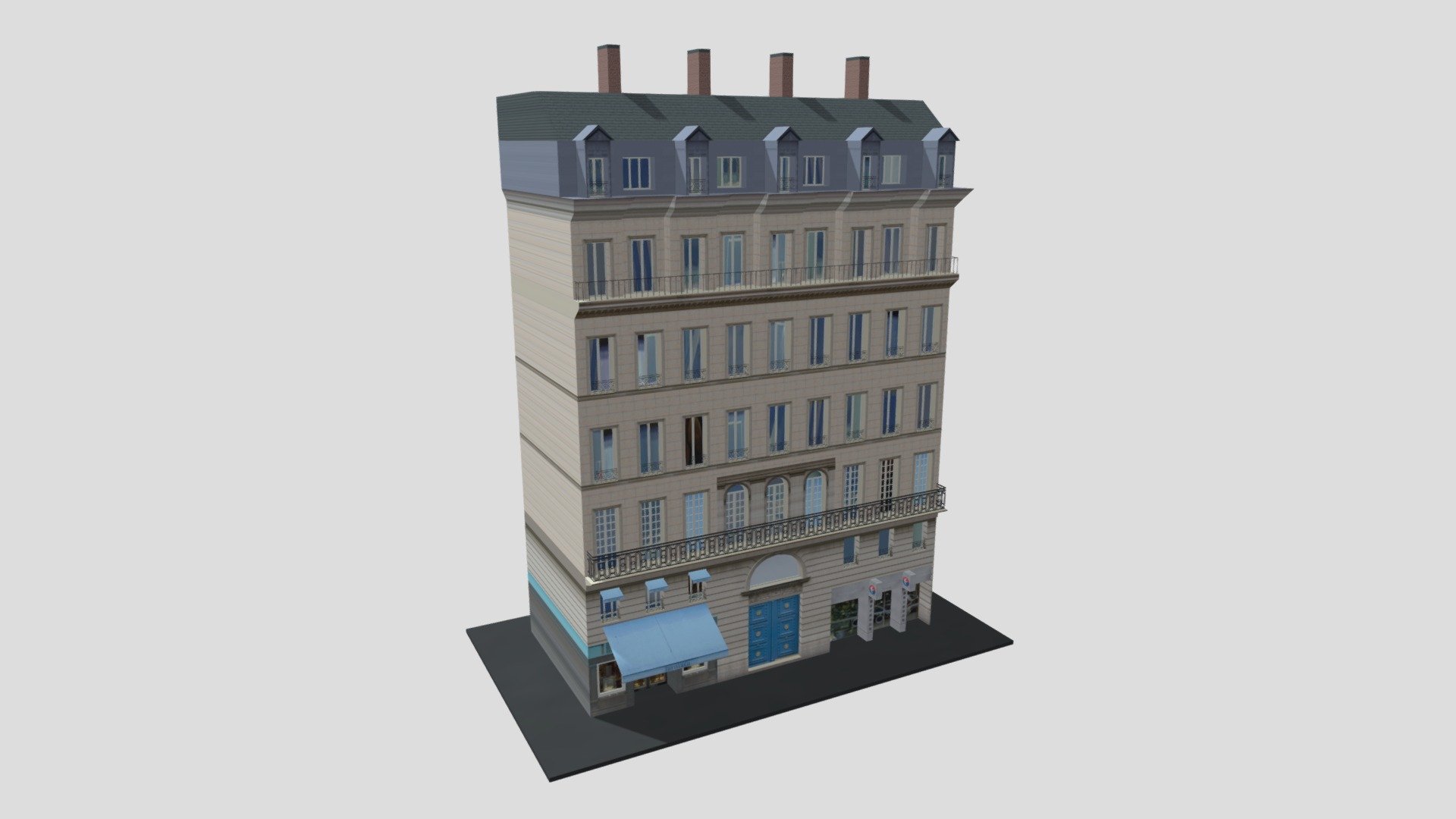 Typical  Paris Apartment Building 13
Originally created with 3ds Max 2015 and rendered in V-Ray 3.0. 

Total Poly Counts:
Poly Count = 89755
Vertex Count = 93626

https://nuralam3d.blogspot.com/2021/08/typical-paris-apartment-building-13.html