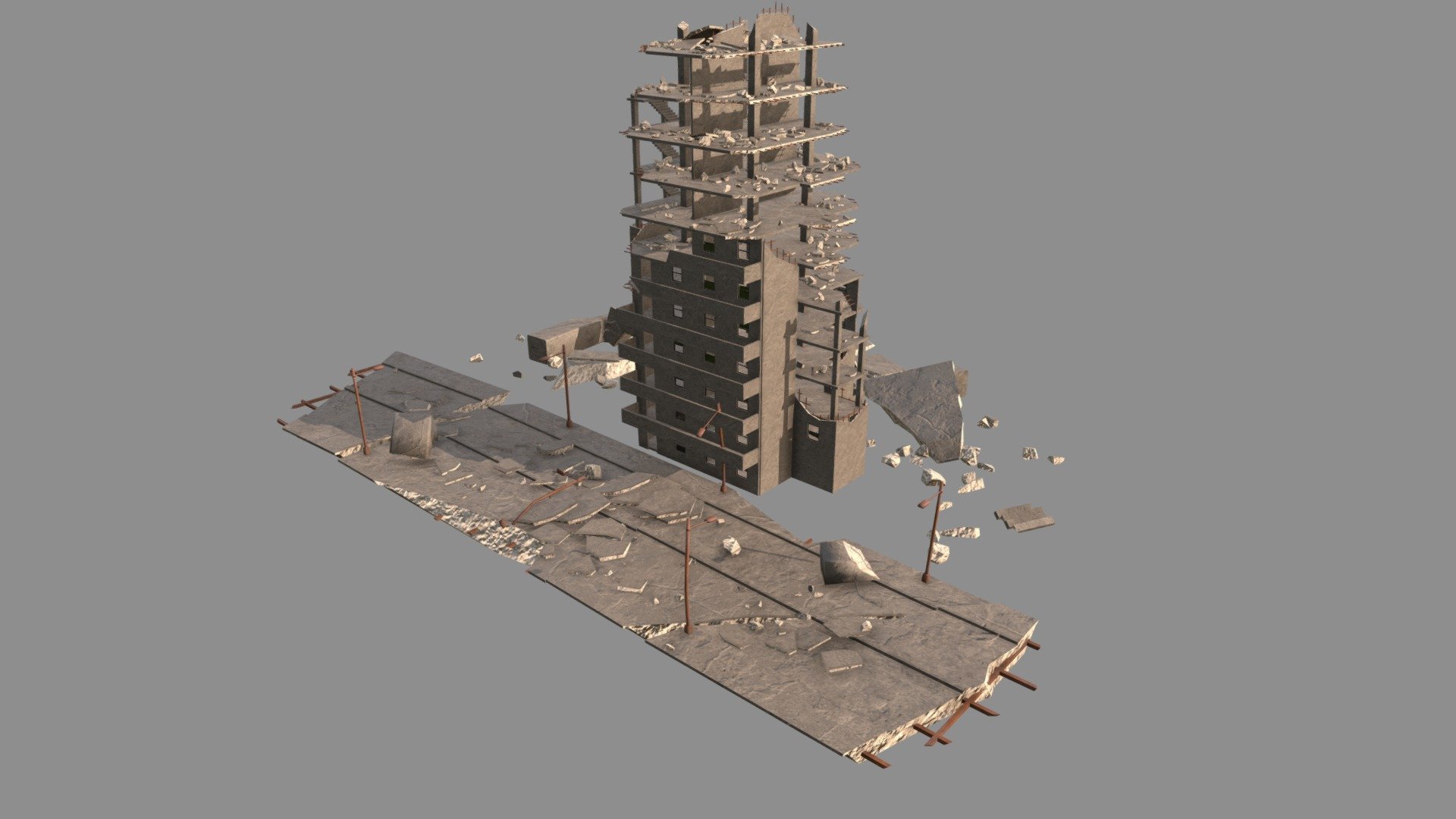 This modular set allows you to create post-apocalyptic or post-war scenes of cities.

The last image is a rendering of the full version

Purchase the full version

You can also buy the model on Artstation

Blender cycles render