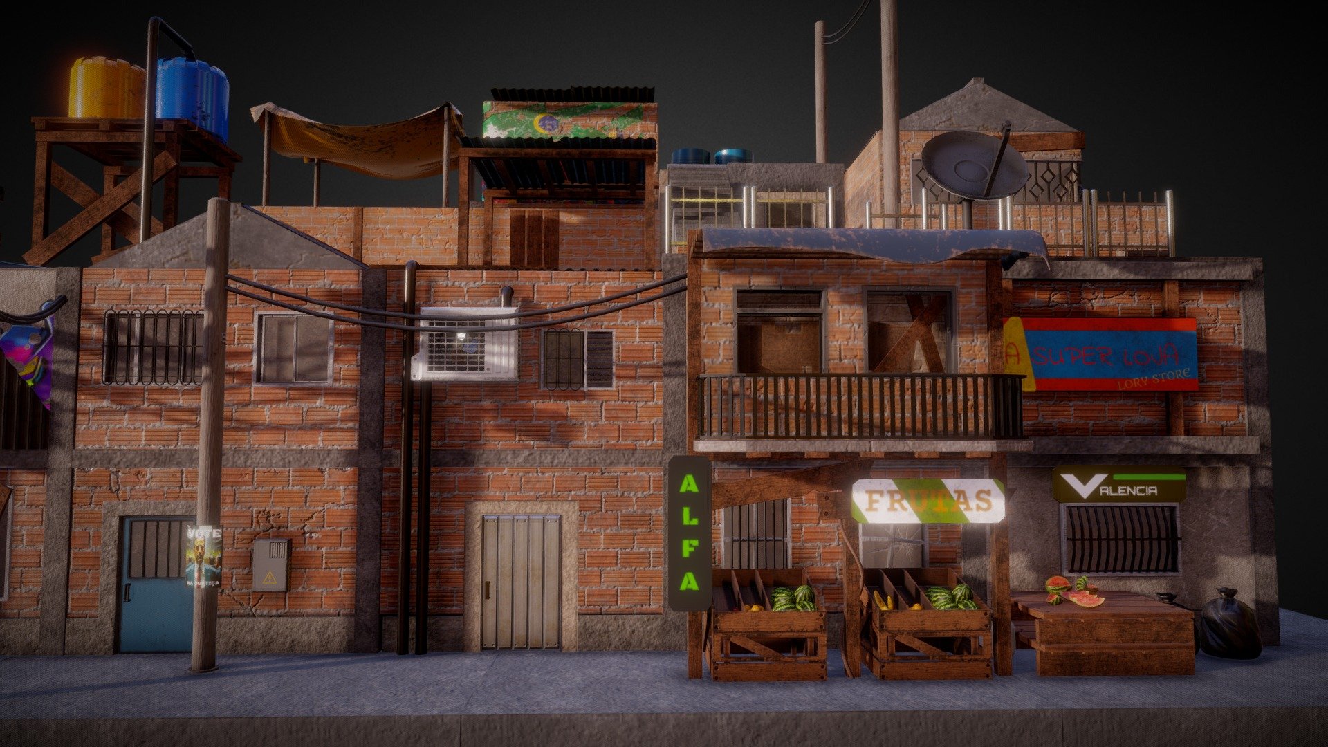 Favela project contains:
2k - 4k Textures
9 PBR materials 
walls bricks have a secondary color variation.
completely modular.
all objects are exported separately in FBX. (you can find the FBX list in the Files Folder)
Graffitis are also separated with an alpha for better customization.
maya file included!
I did this preview so you can have an idea of all the things you can do with this kit, there are multiple 3d models that I could't fit on the preview, but you can find them on the files folder. hope you like it