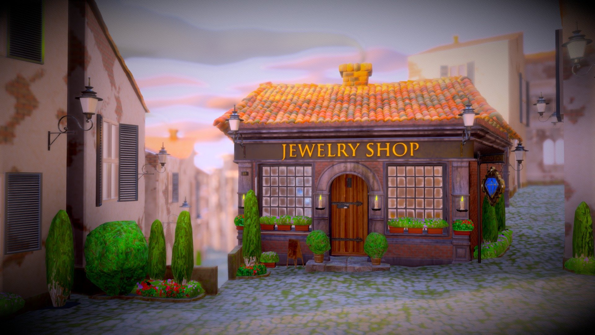 A moody little village and a mysterious jewellery shop.
I made this for rendering, so the meshes and UV's are not perfectly optimized.
I didn't use any purchased assets for this, so everything is modeled by me.
Shaders were almost all procedural originally. I baked them into bitmap textures with Arnold.
I had to reduce the plant models to simple ones due to Sketchfab file size limit.