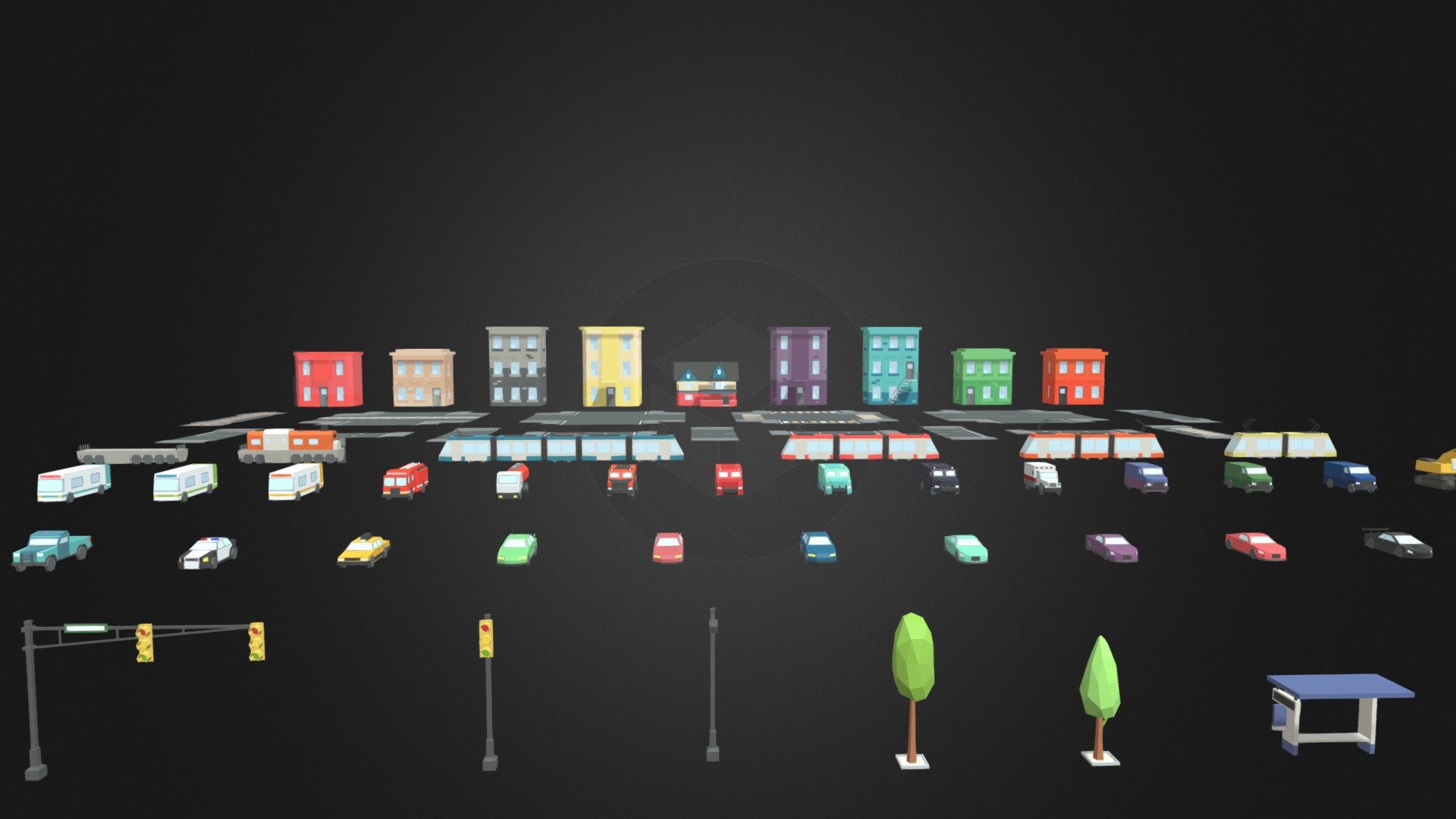 Low Poly Simple Urban City 3D Asset Pack is perfect for creating Mobile &amp; VR Games! 

What's Inside?




90+ Game Ready Low Poly Models

Carefully Made in Cinema 4D

Clean Hierarchy

Clean Topology

Stylized Low Poly Models

What Kind of Models?




35 Different Vehicles: main hero cars, sport cars, trucks, buses, emergency vehicles (police, fire truck, ambulance)

35 Different Street Props: road signs, bus stop, trees, trash, traffic lifgts

15 Road Paths: railways, crossroads, etc.

9 Beautiful Buildings: city houses, unique cottage house

Formats




.fbx (+ all separated models)

.c4d (native) - ArtStation

Project Information




Animated: NO

Low Poly: YES

Materials: YES

Rigged: NO

Textured: YES

UV Layout: YES

Created in: Cinema 4D

Feedback

If you have any questions about my models or if you need a specific requirement for a model, please feel free to contact me: syomapozdeev@gmail.com